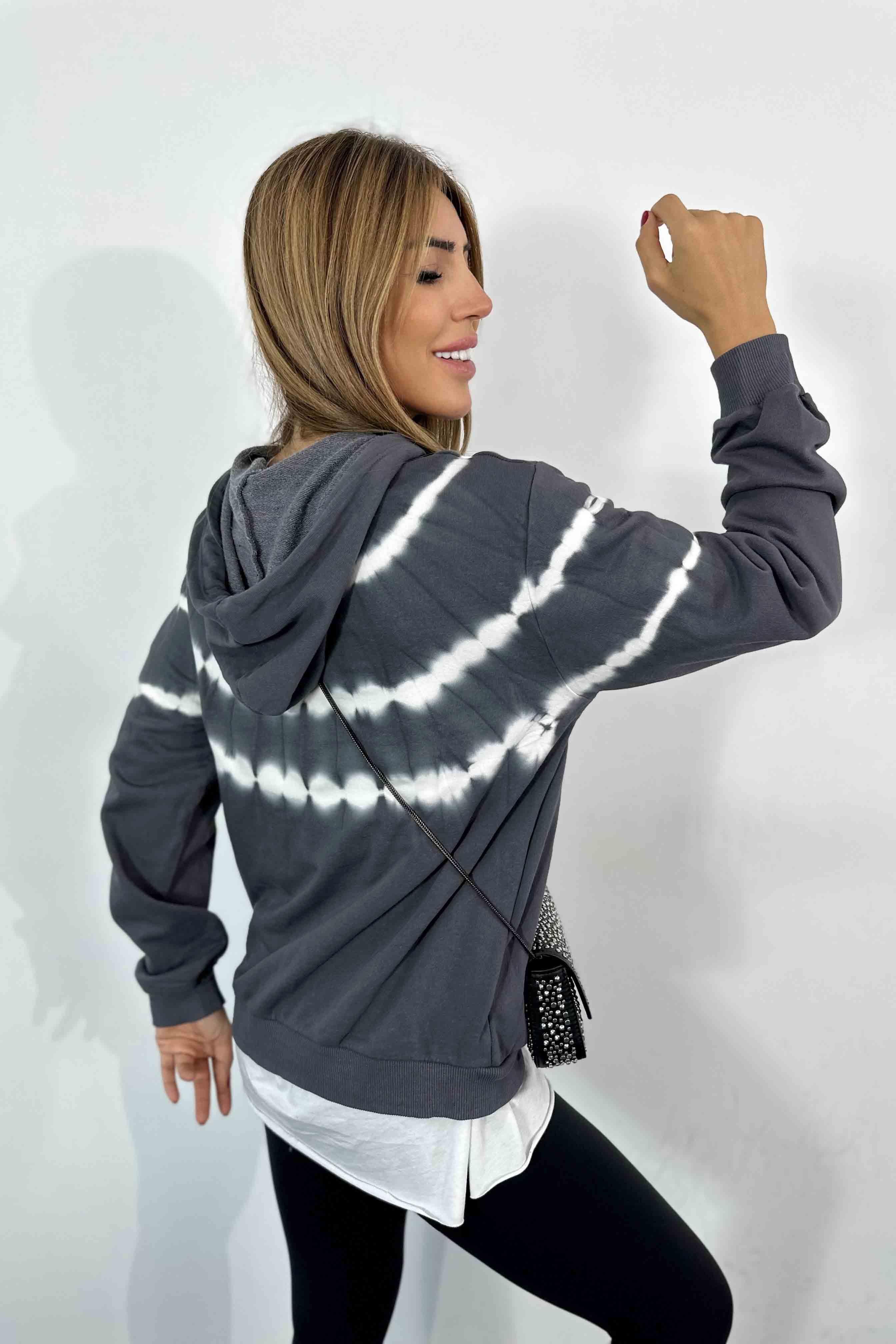 Pamuklu Batik Desen Kapüşon Detay Kadın Sweatshirt Antrasit