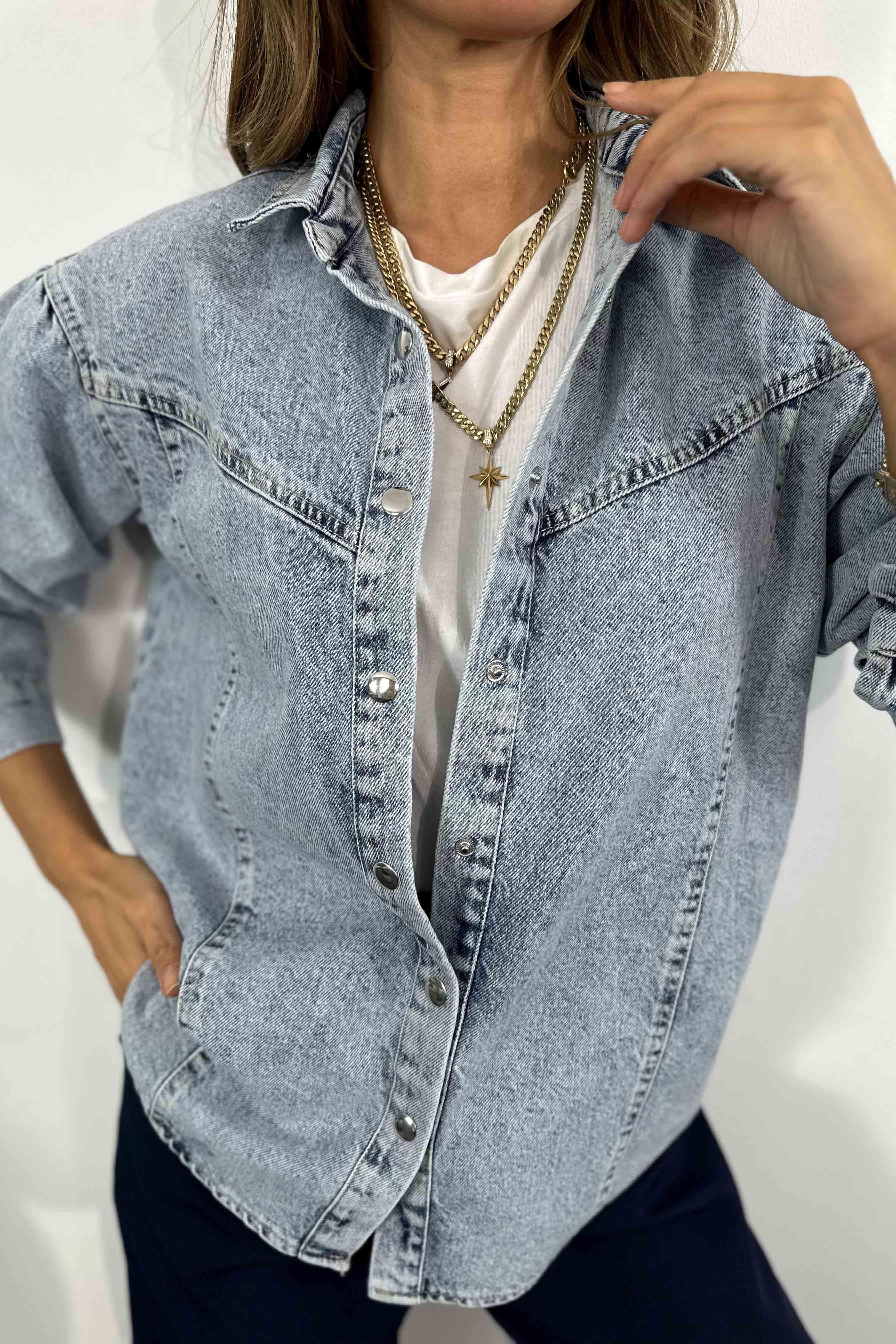 Pamuklu Denim Kumaş Cepsiz Kadın Kot Ceket Açık Mavi
