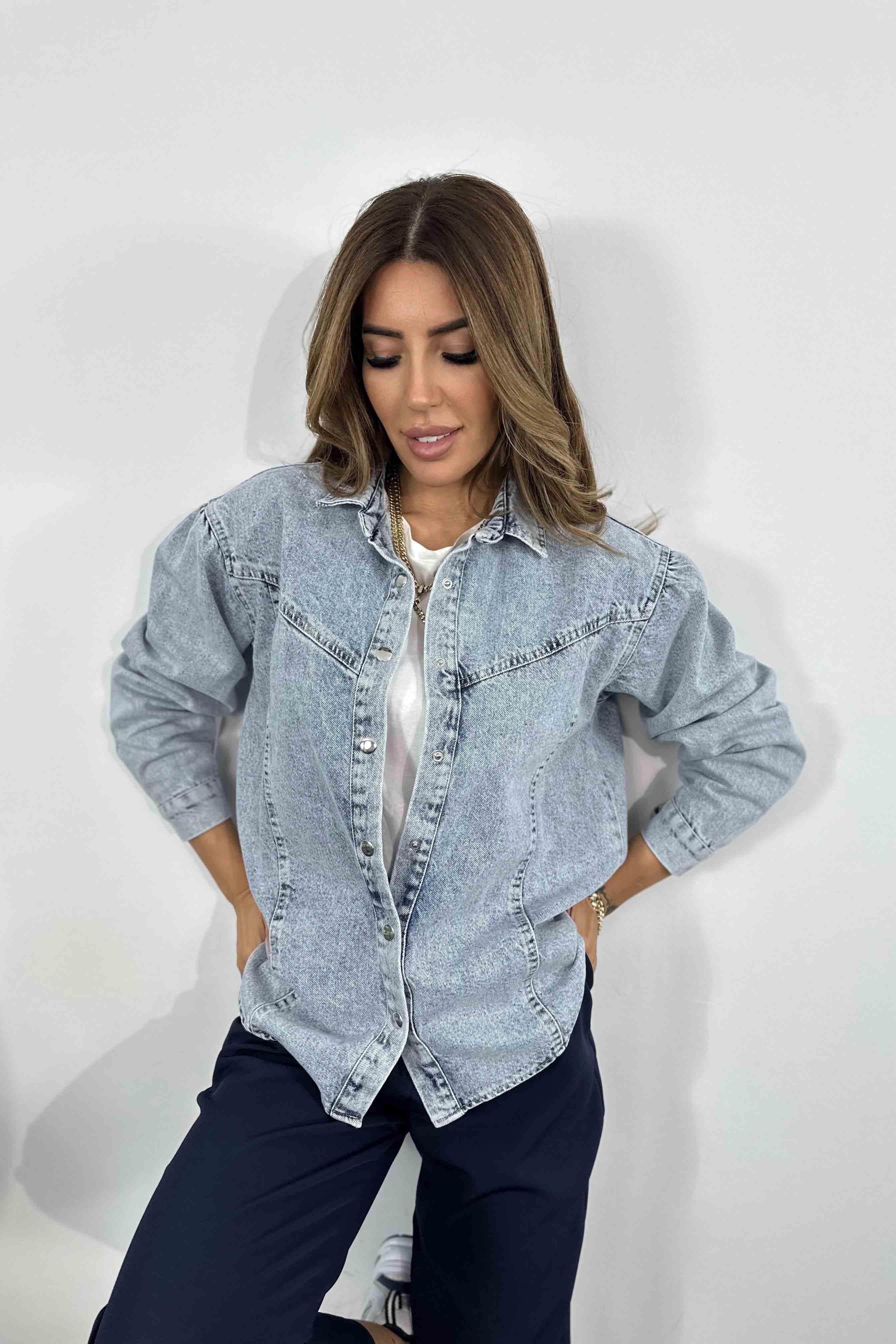 Pamuklu Denim Kumaş Cepsiz Kadın Kot Ceket Açık Mavi