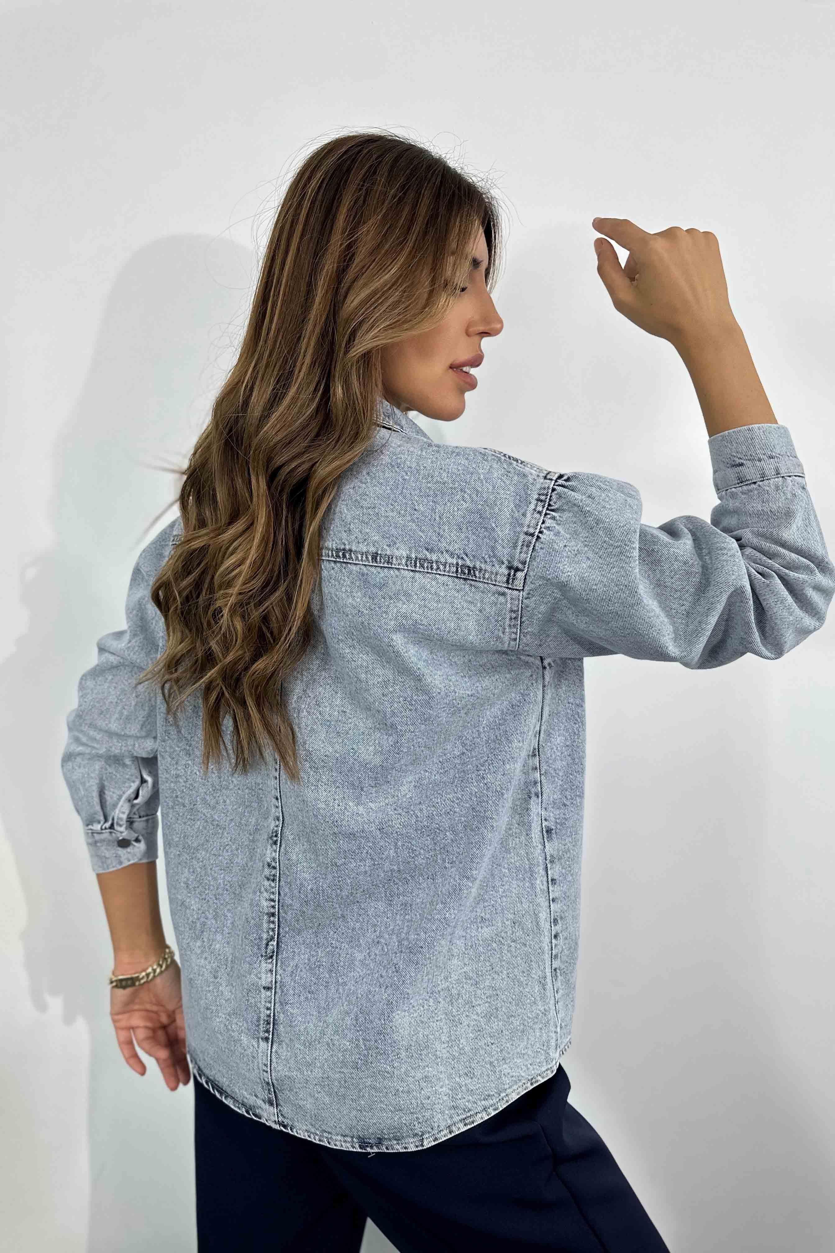 Pamuklu Denim Kumaş Cepsiz Kadın Kot Ceket Açık Mavi