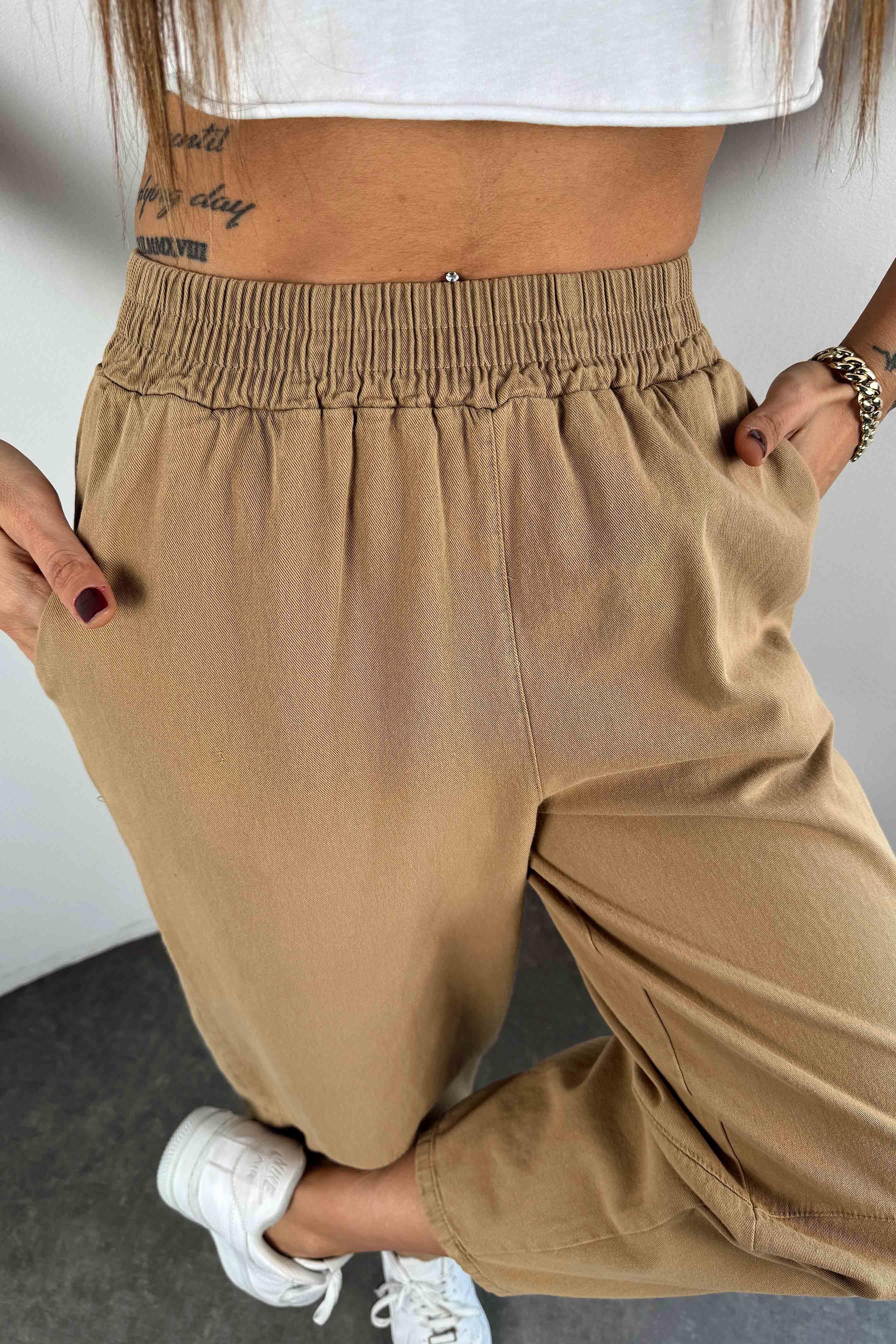 Pamuklu Gabardin Kumaş Dizi Dikiş Detay Şalvar Pantolon Camel