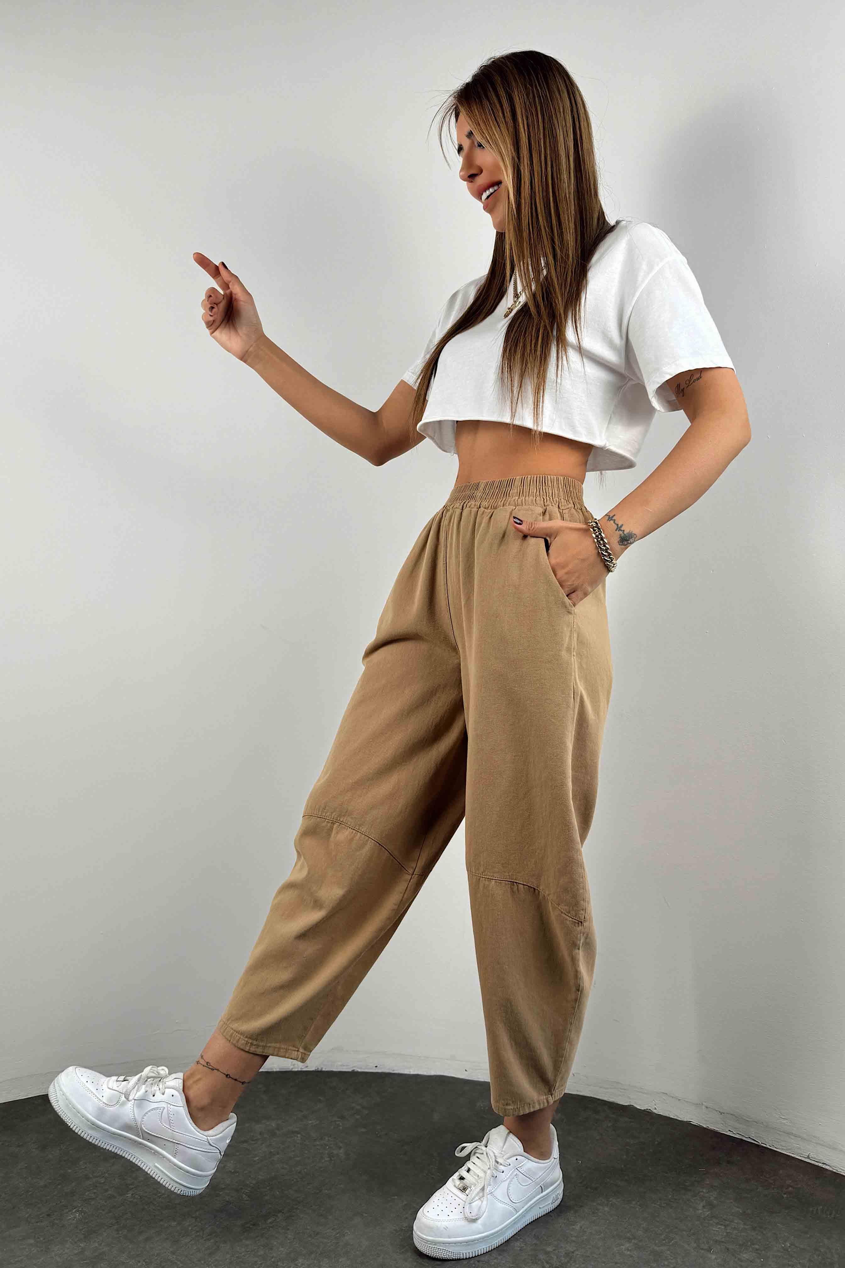 Pamuklu Gabardin Kumaş Dizi Dikiş Detay Şalvar Pantolon Camel