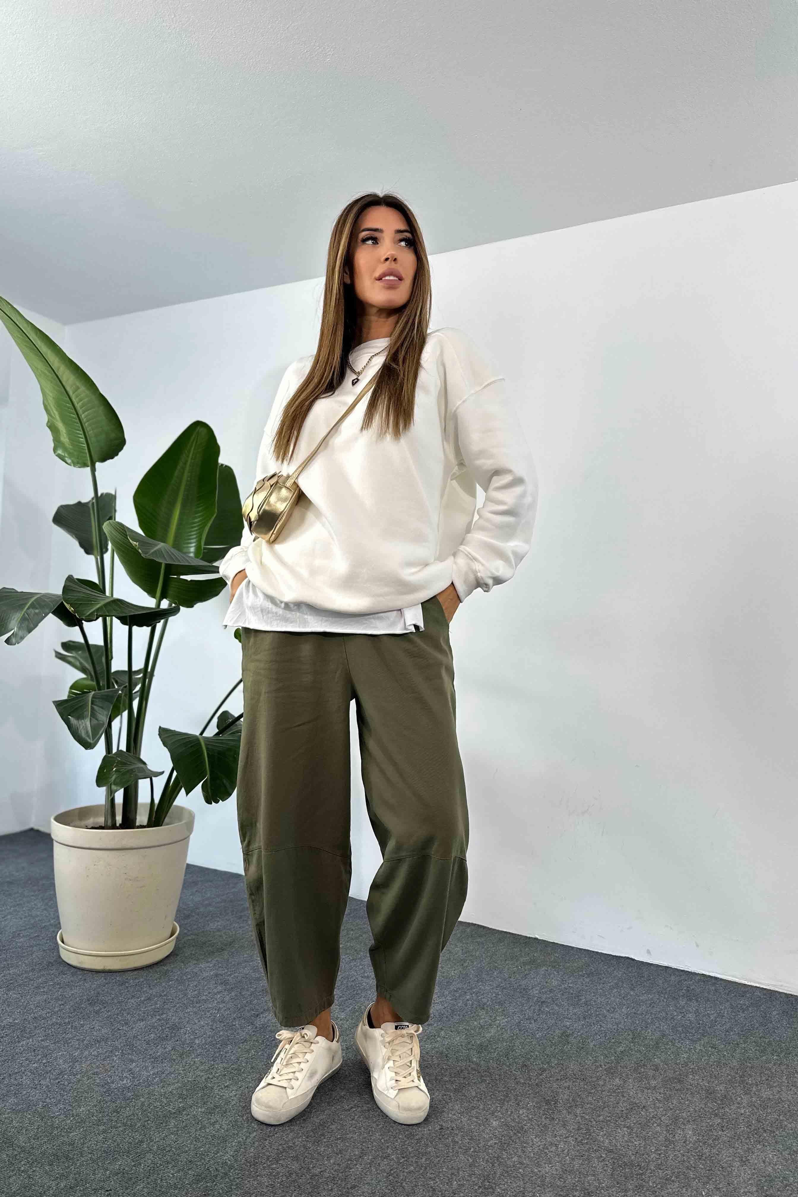 Pamuklu Gabardin Kumaş Dizi Dikiş Detay Şalvar Pantolon Haki