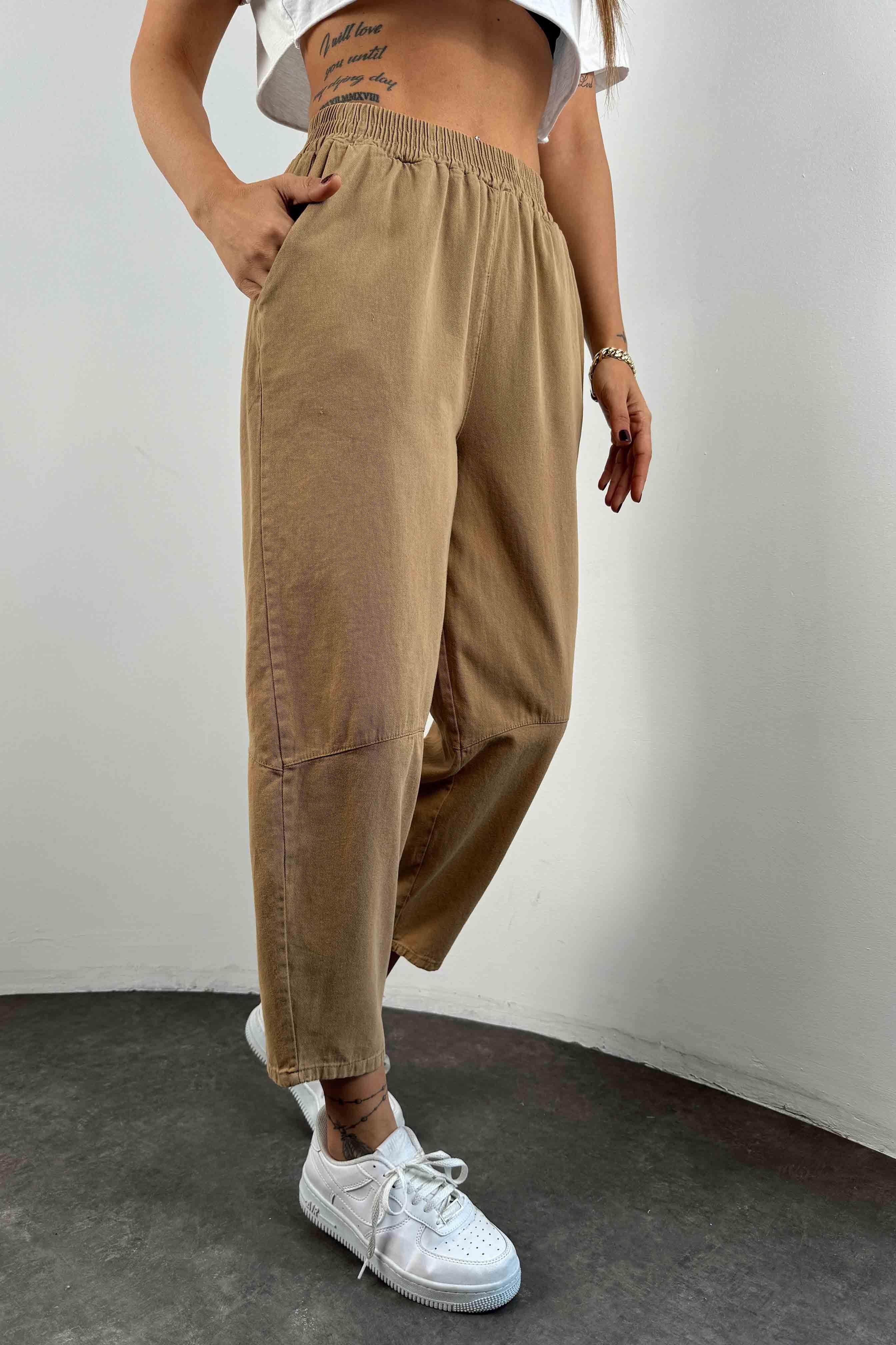 Pamuklu Gabardin Kumaş Dizi Dikiş Detay Şalvar Pantolon Camel