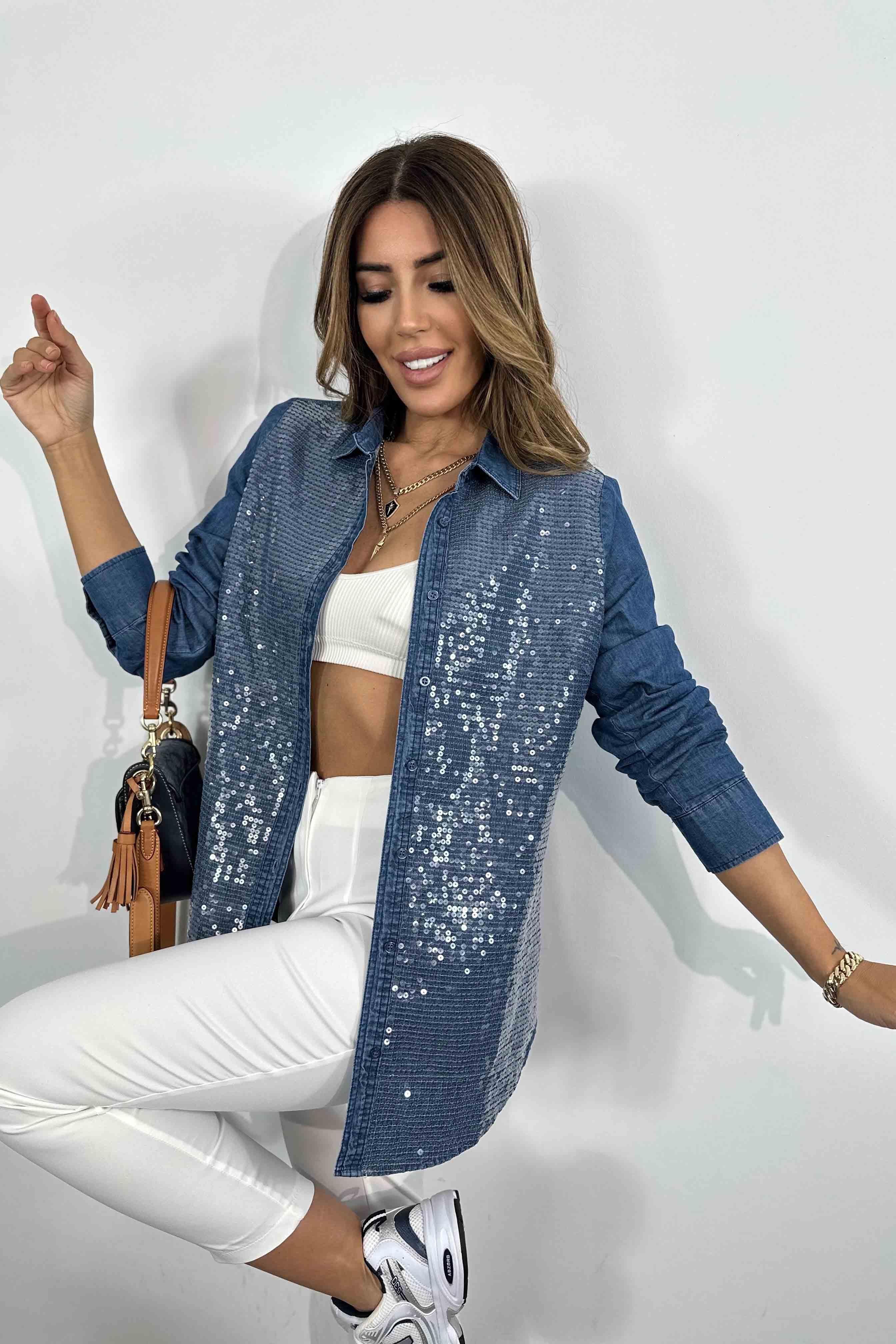 Pamuklu İnce Denim Kumaş Pulpayet Gömlek Mavi