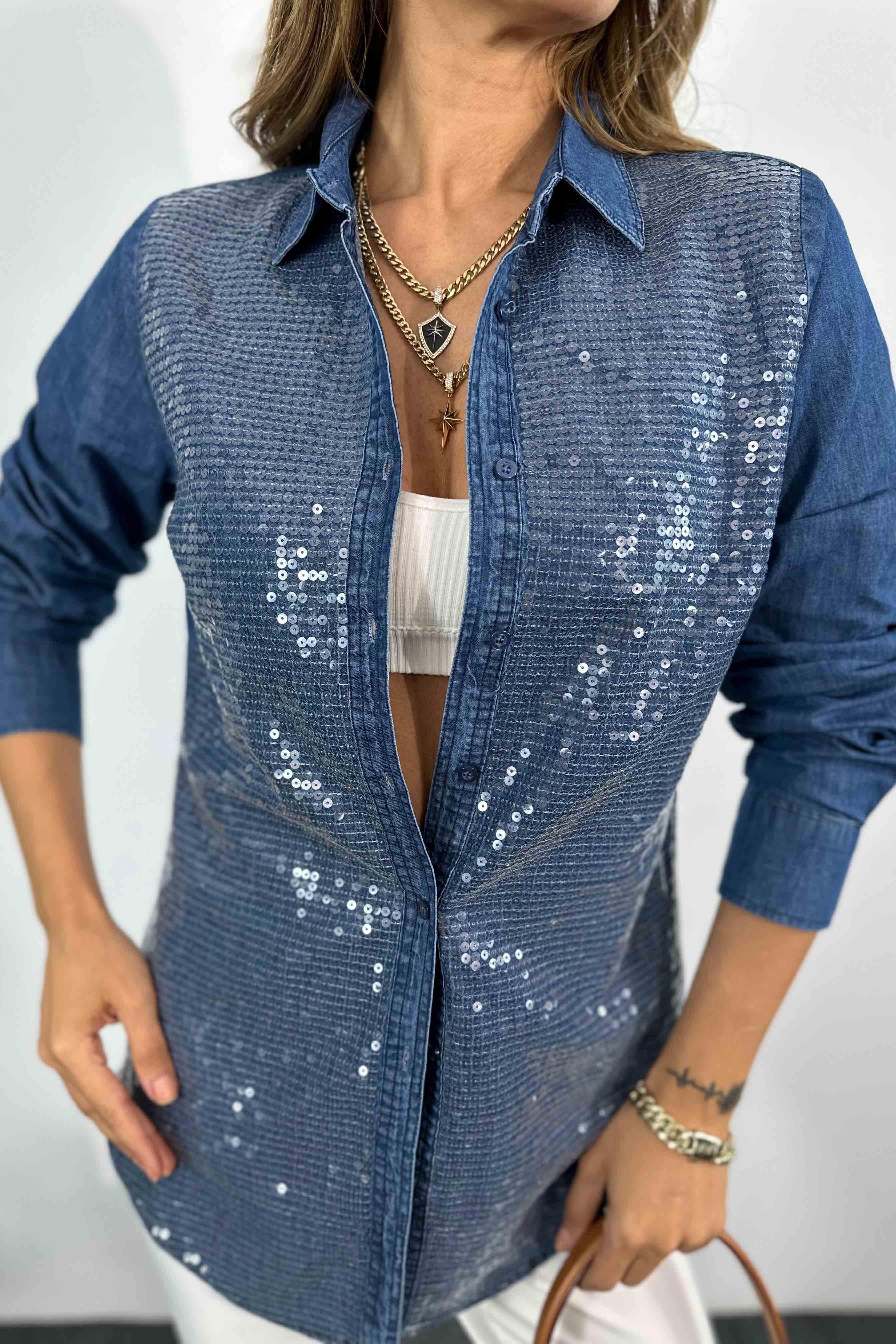 Pamuklu İnce Denim Kumaş Pulpayet Gömlek Mavi