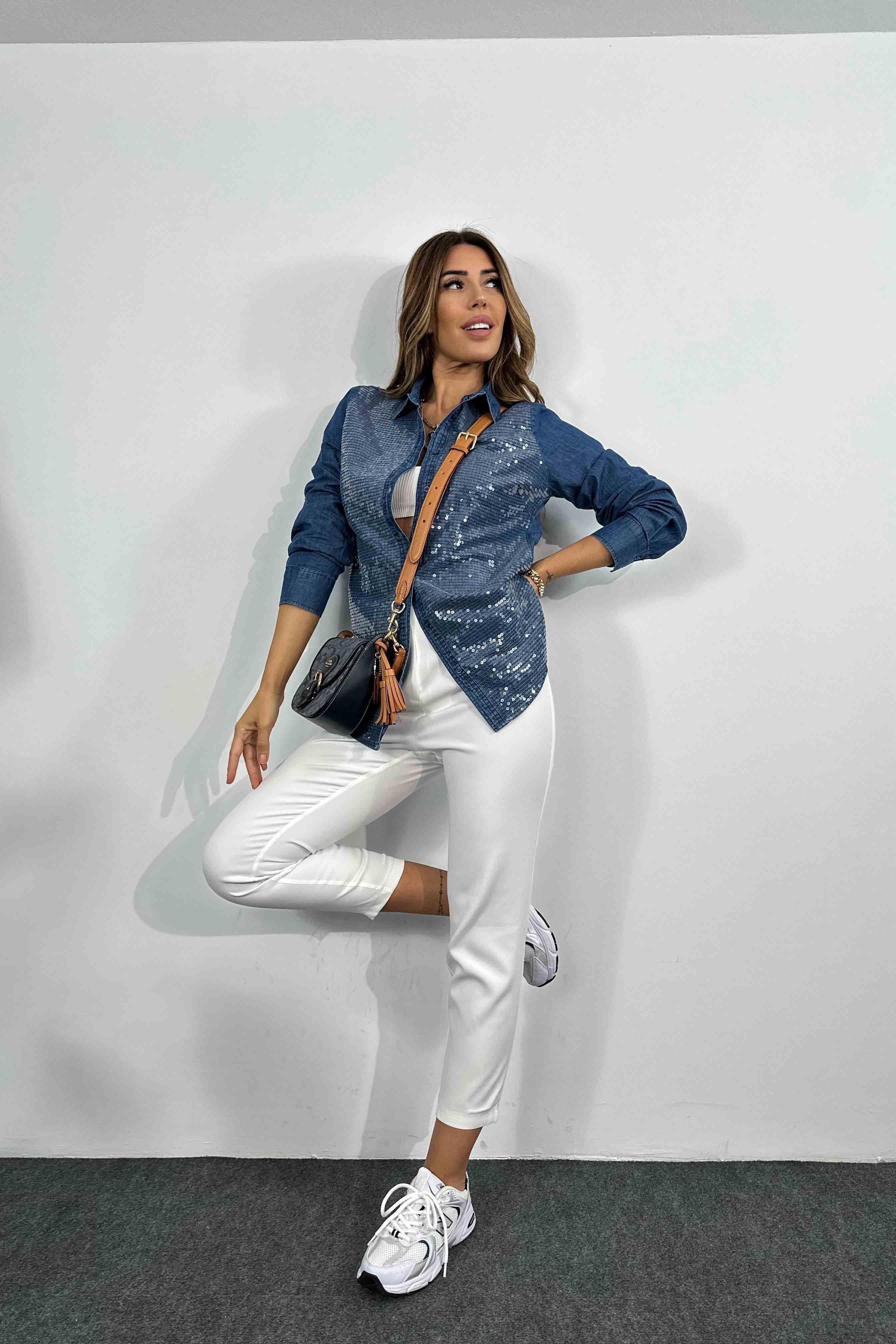 Pamuklu İnce Denim Kumaş Pulpayet Gömlek Mavi