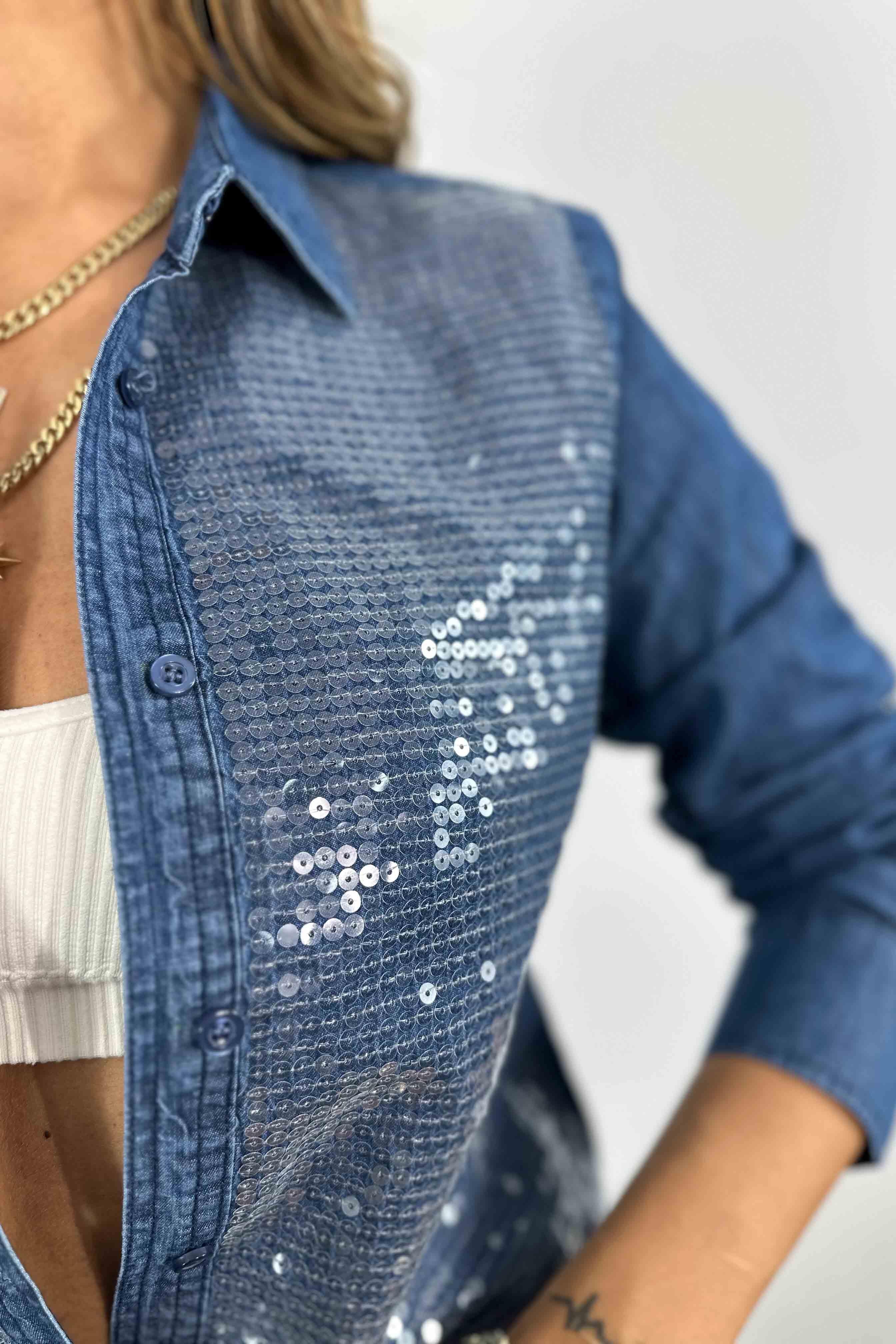 Pamuklu İnce Denim Kumaş Pulpayet Gömlek Mavi