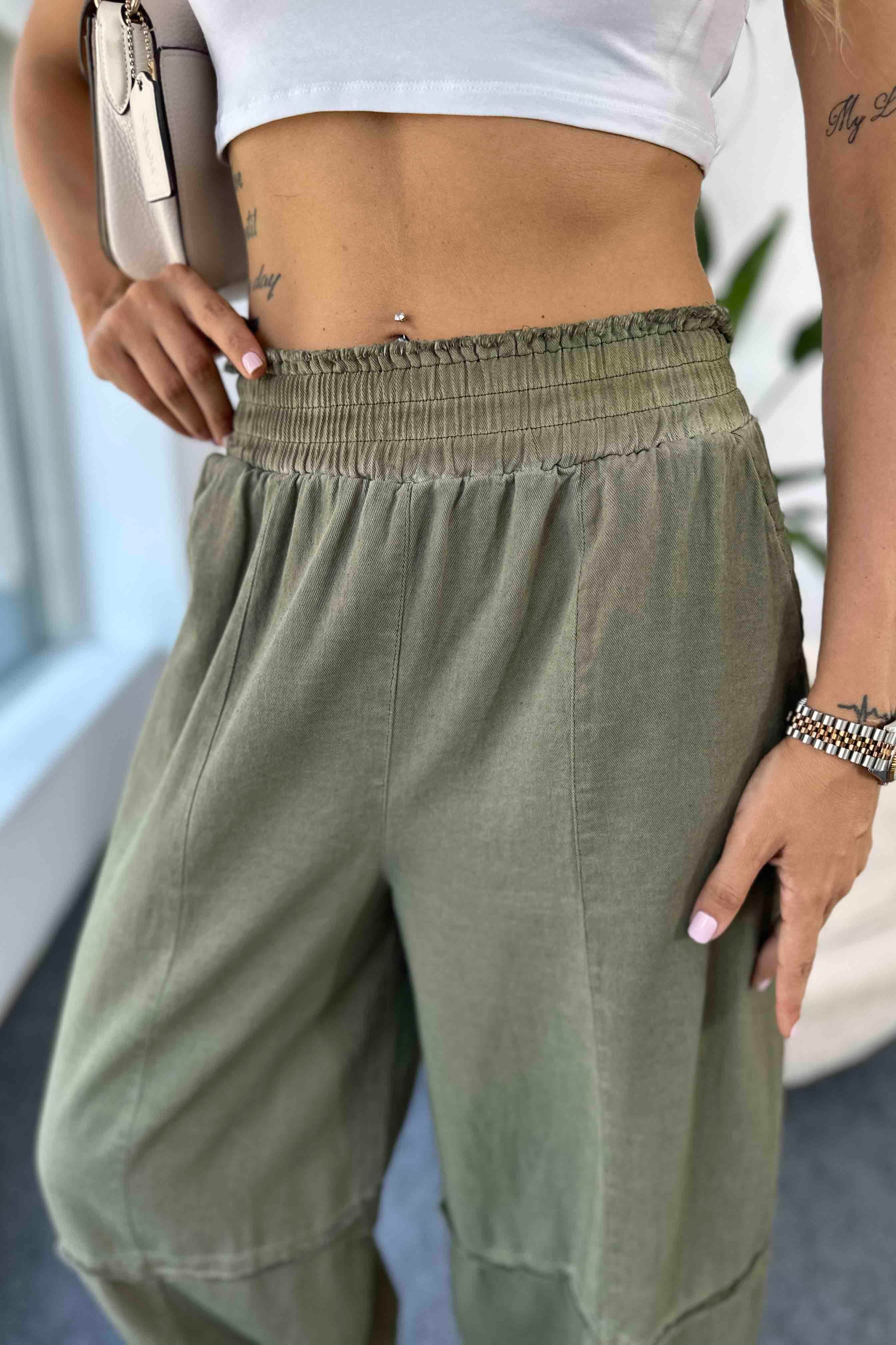 Pamuklu İnce Denim Kumaş Salaş Şalvar Pantolon Haki