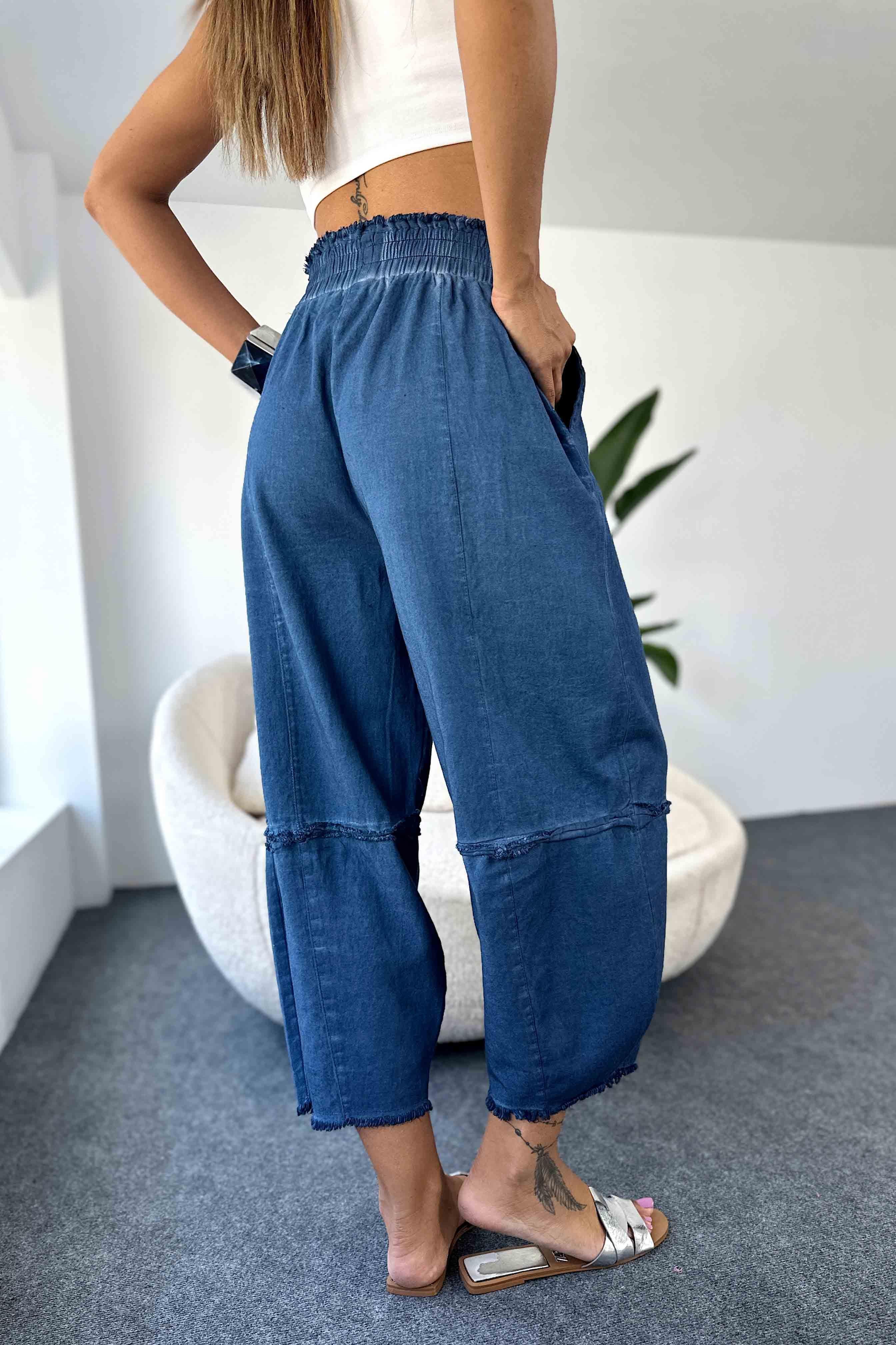 Pamuklu İnce Denim Kumaş Salaş Şalvar Pantolon Mavi