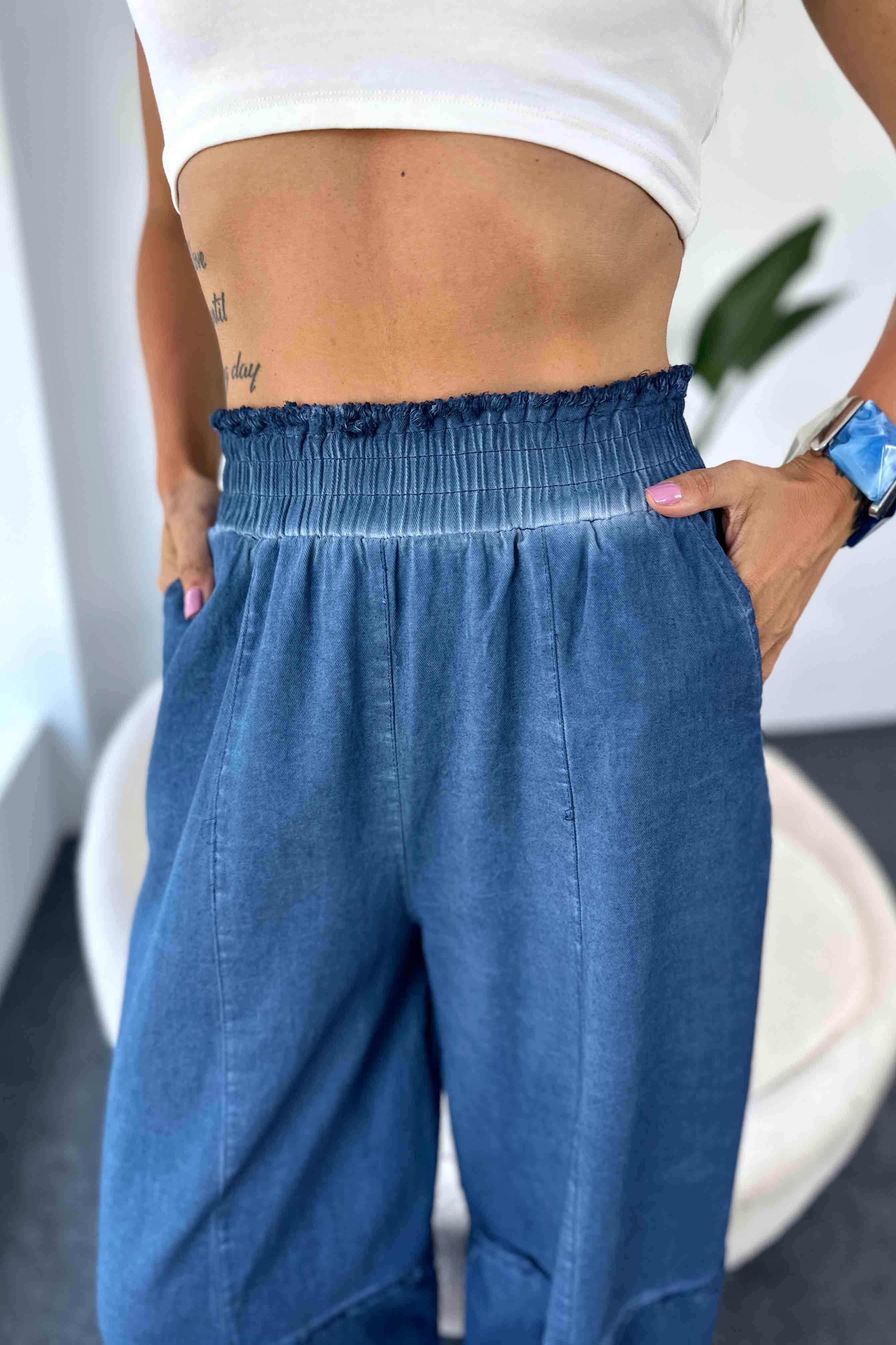 Pamuklu İnce Denim Kumaş Salaş Şalvar Pantolon Mavi