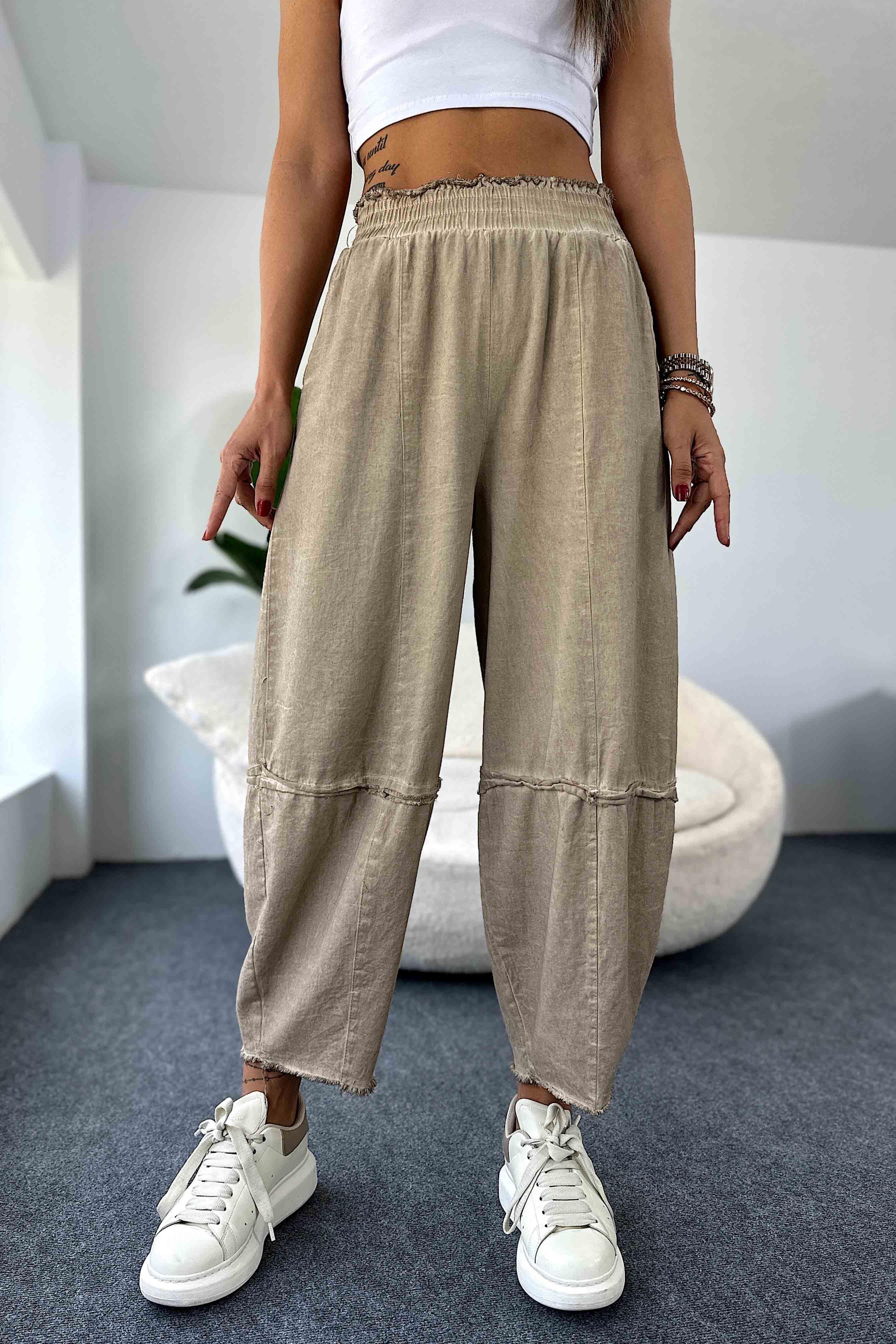 Pamuklu İnce Denim Kumaş Salaş Şalvar Pantolon Vizon