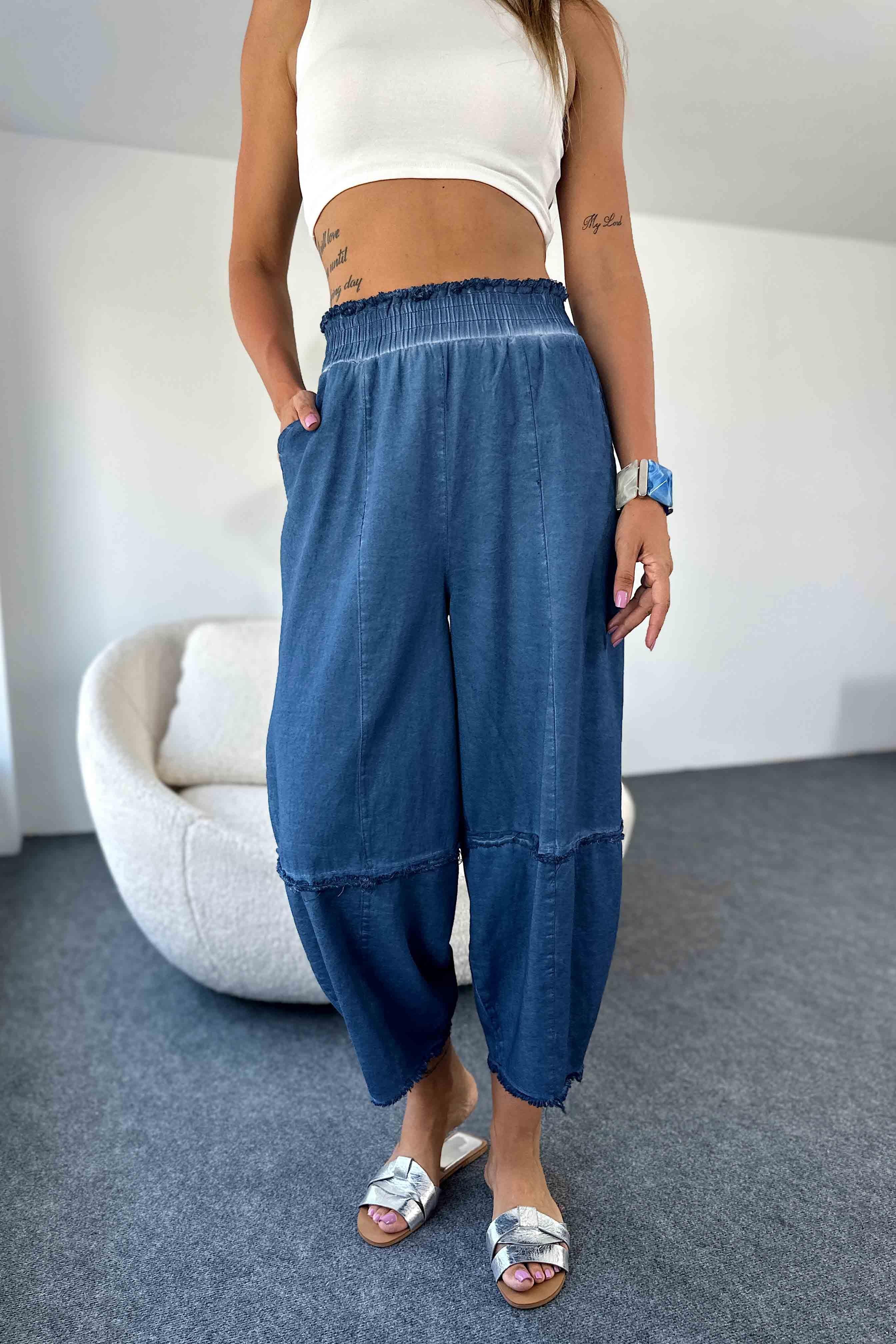 Pamuklu İnce Denim Kumaş Salaş Şalvar Pantolon Mavi