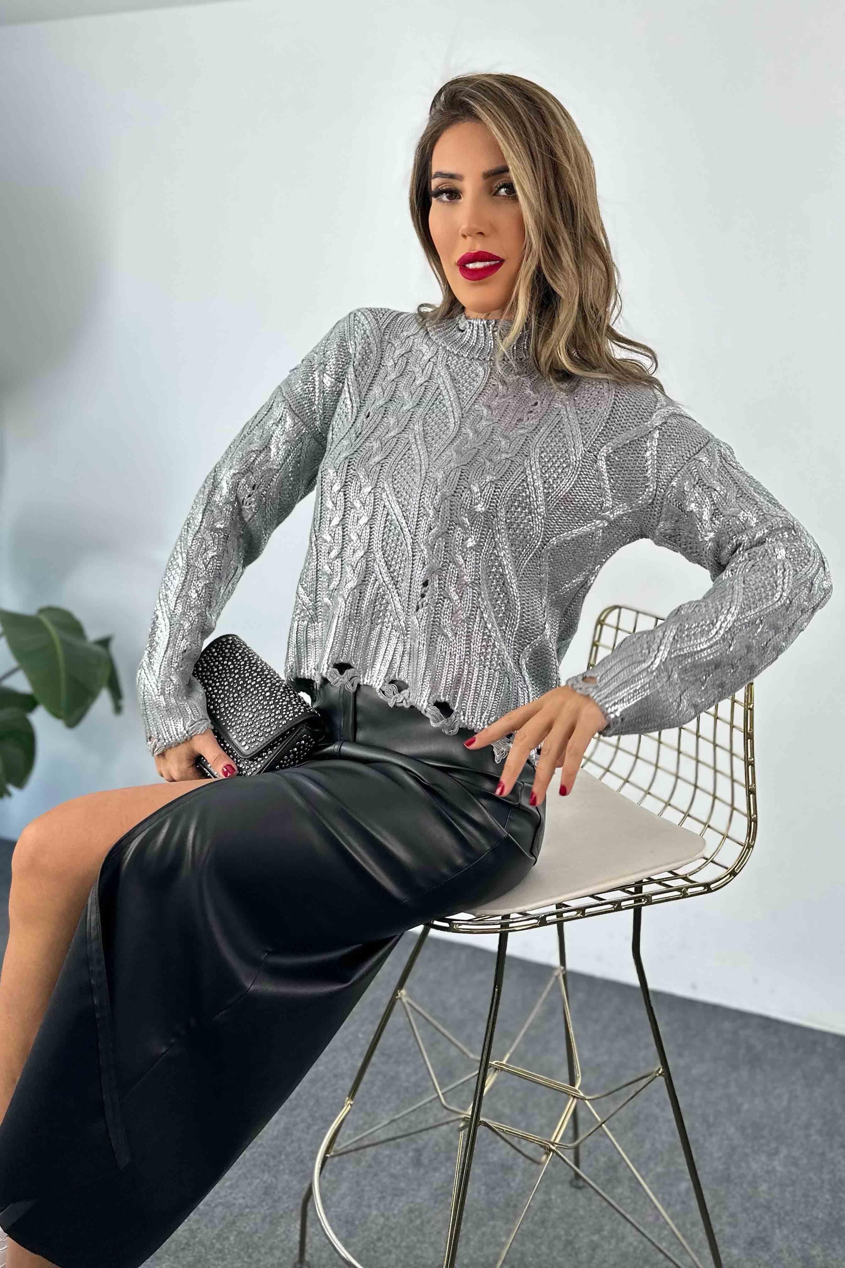 Pamuklu Kalın Örme Varaklı Yırtık Crop Kazak Silver