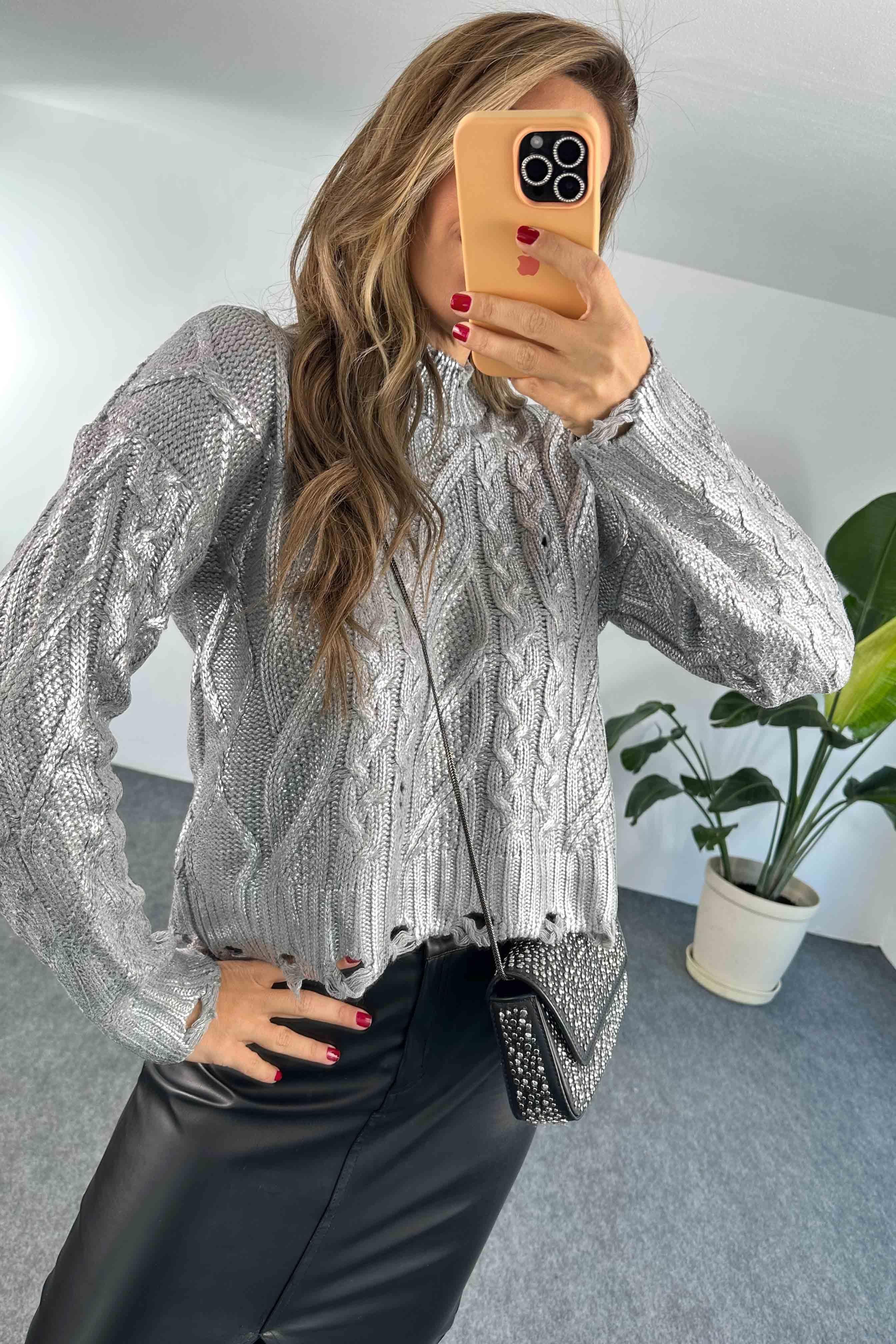 Pamuklu Kalın Örme Varaklı Yırtık Crop Kazak Silver