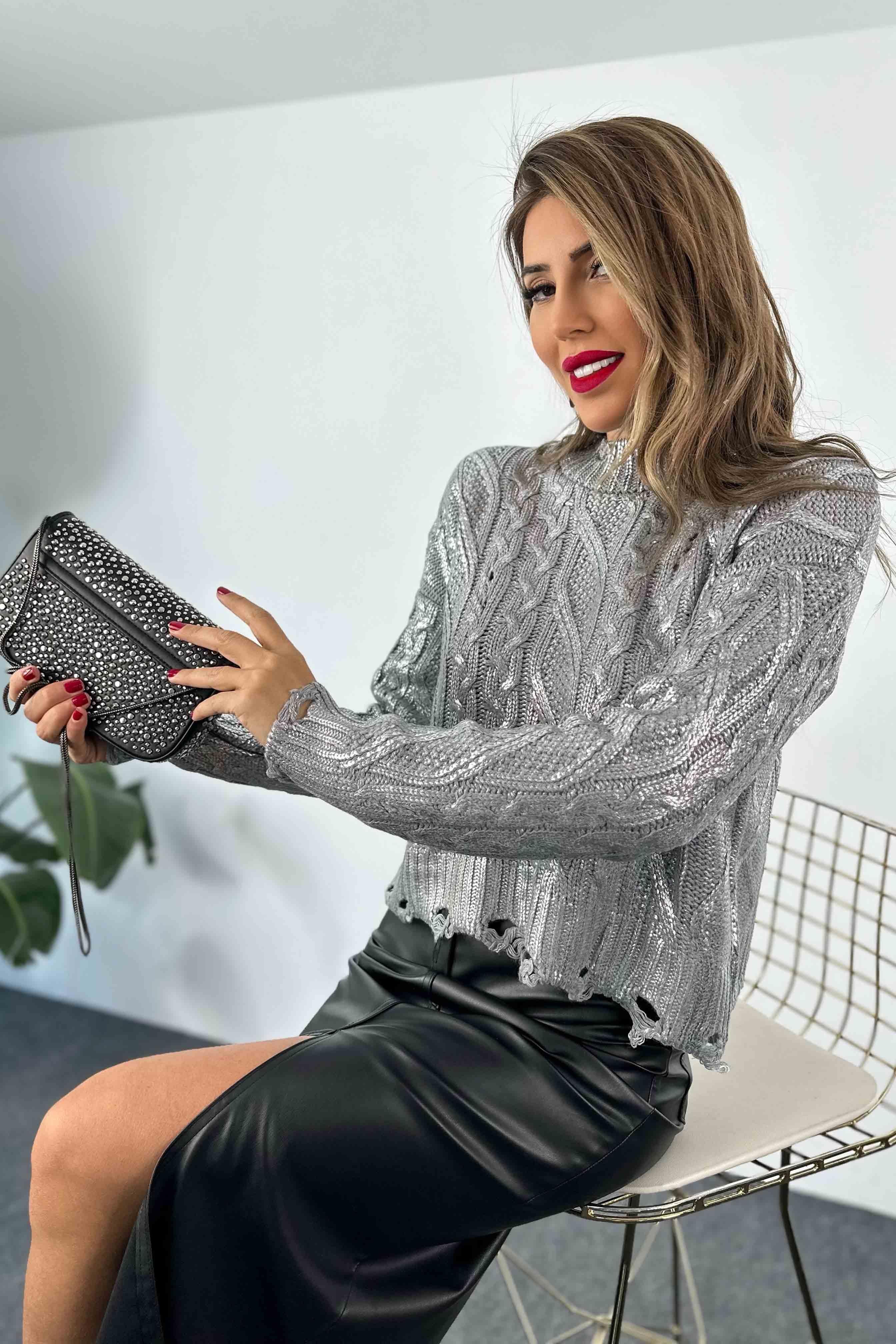 Pamuklu Kalın Örme Varaklı Yırtık Crop Kazak Silver