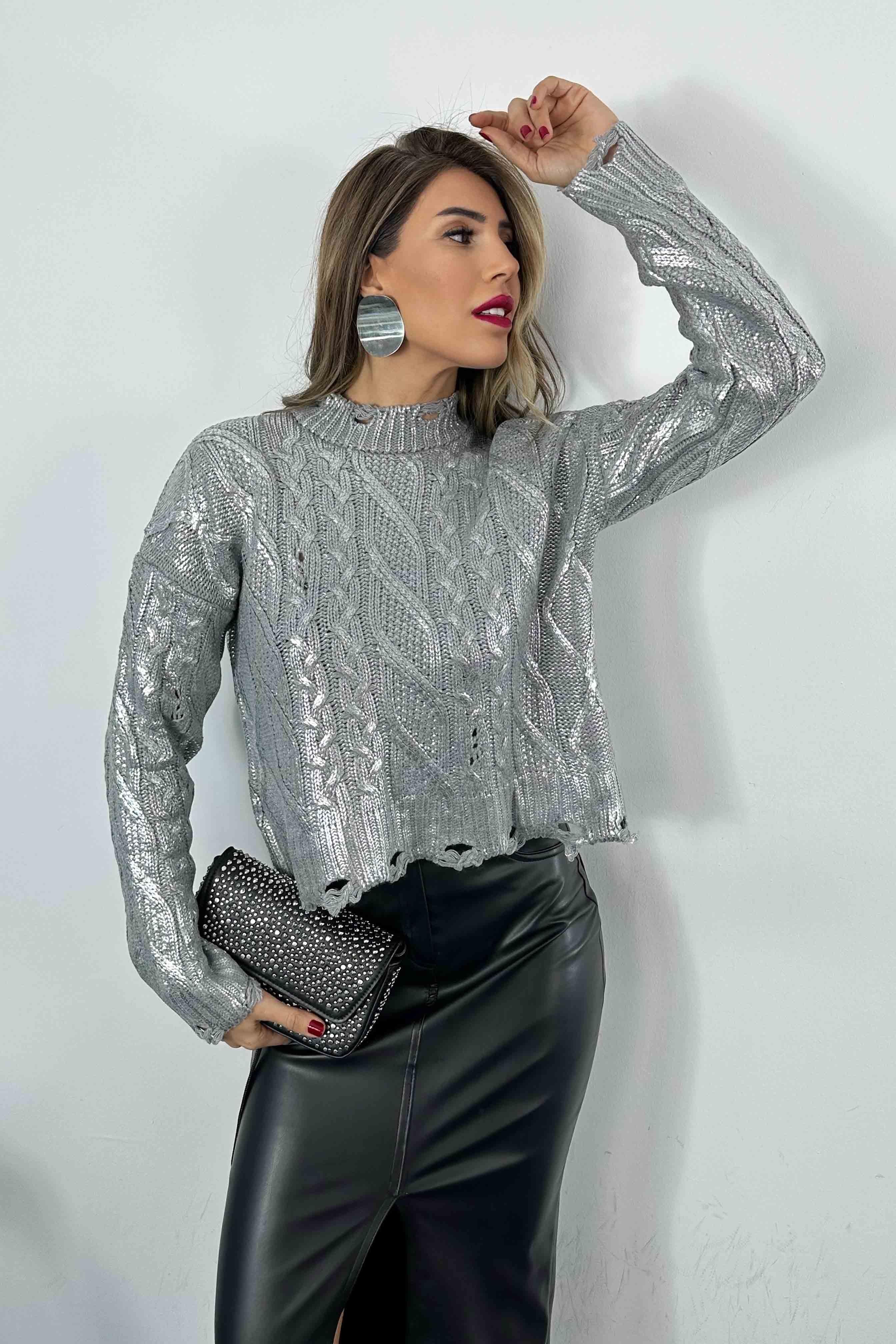 Pamuklu Kalın Örme Varaklı Yırtık Crop Kazak Silver
