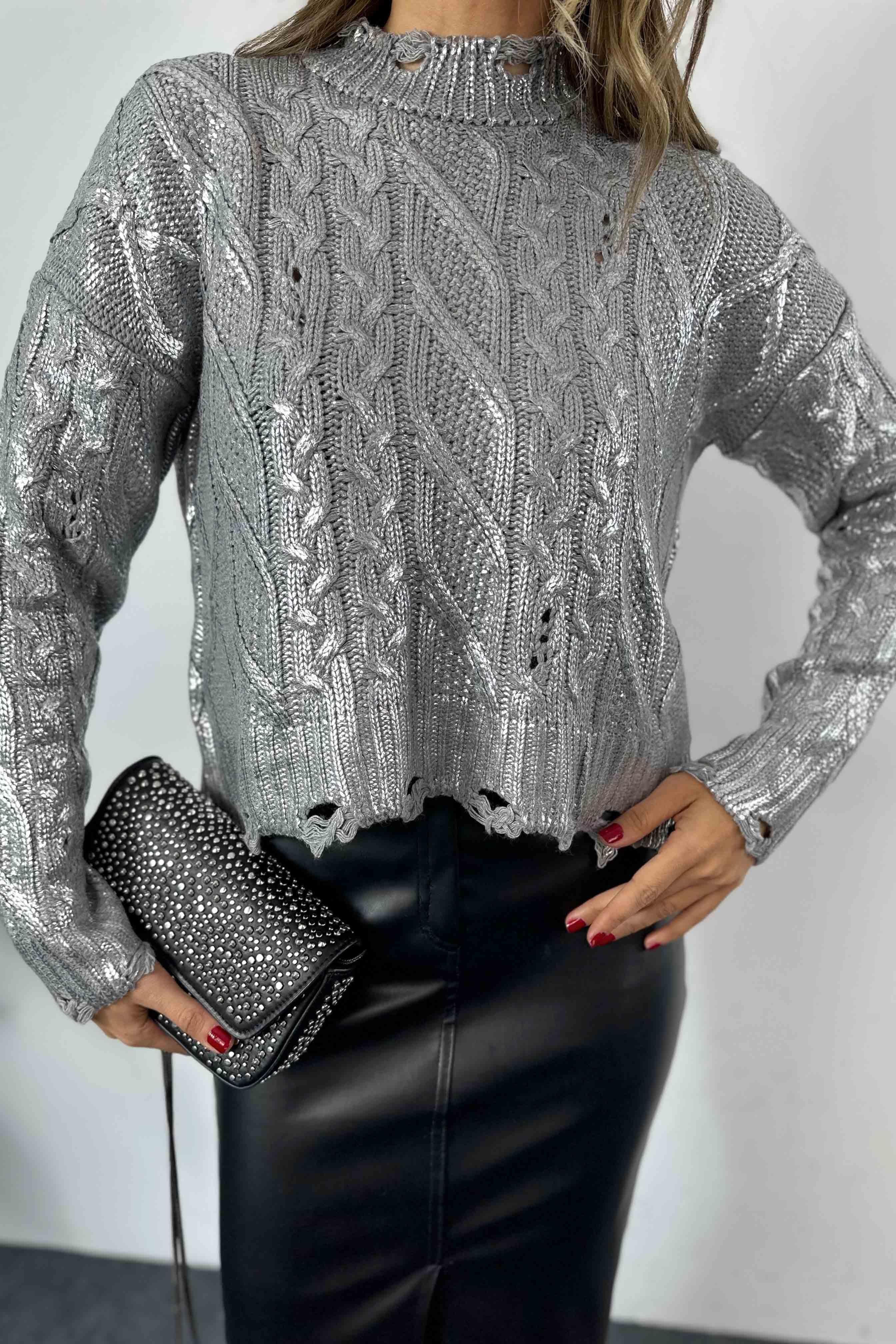 Pamuklu Kalın Örme Varaklı Yırtık Crop Kazak Silver