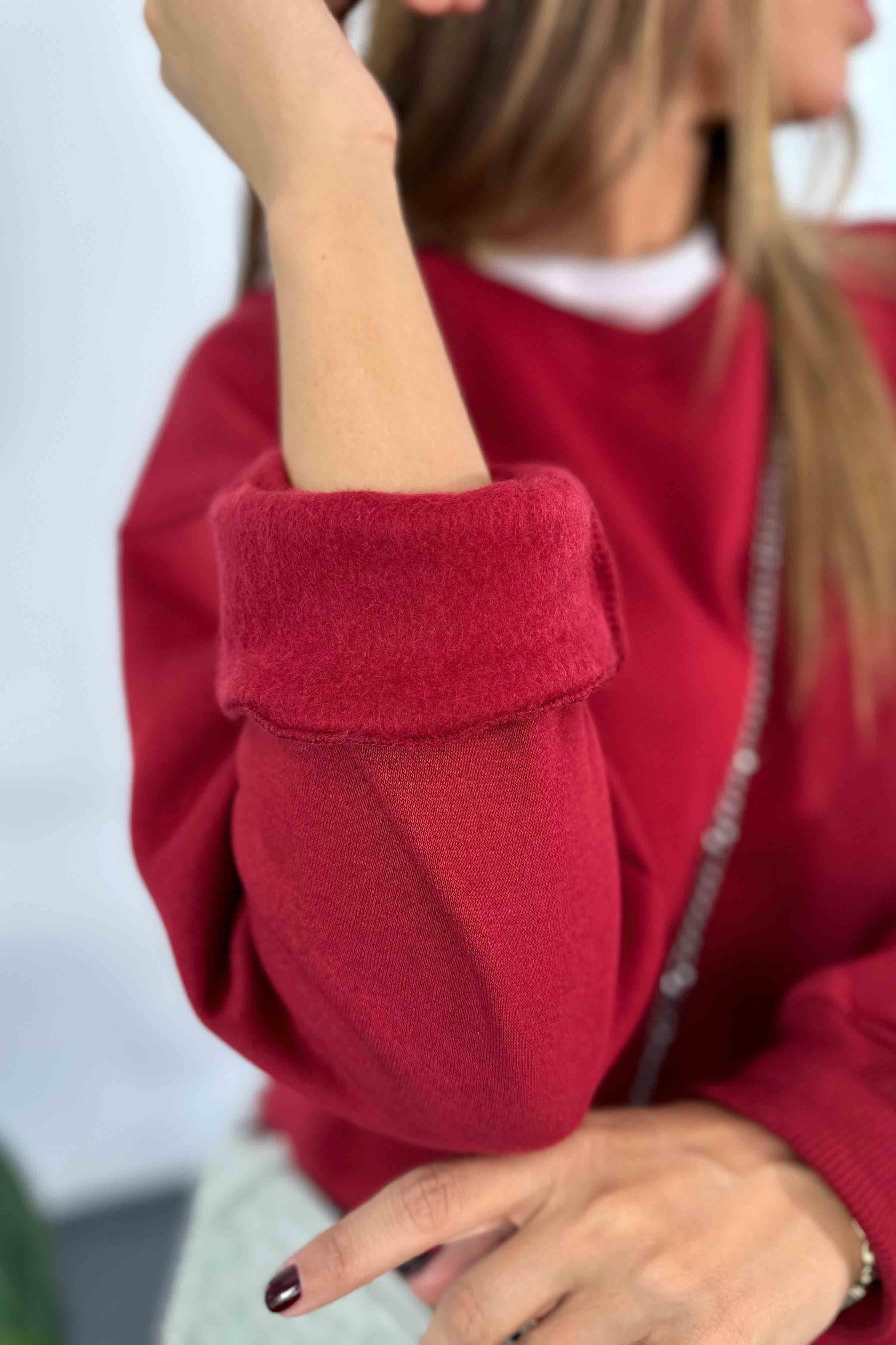 Pamuklu Kumaş İçi Şardonlu Oversize Sweatshirt Bordo