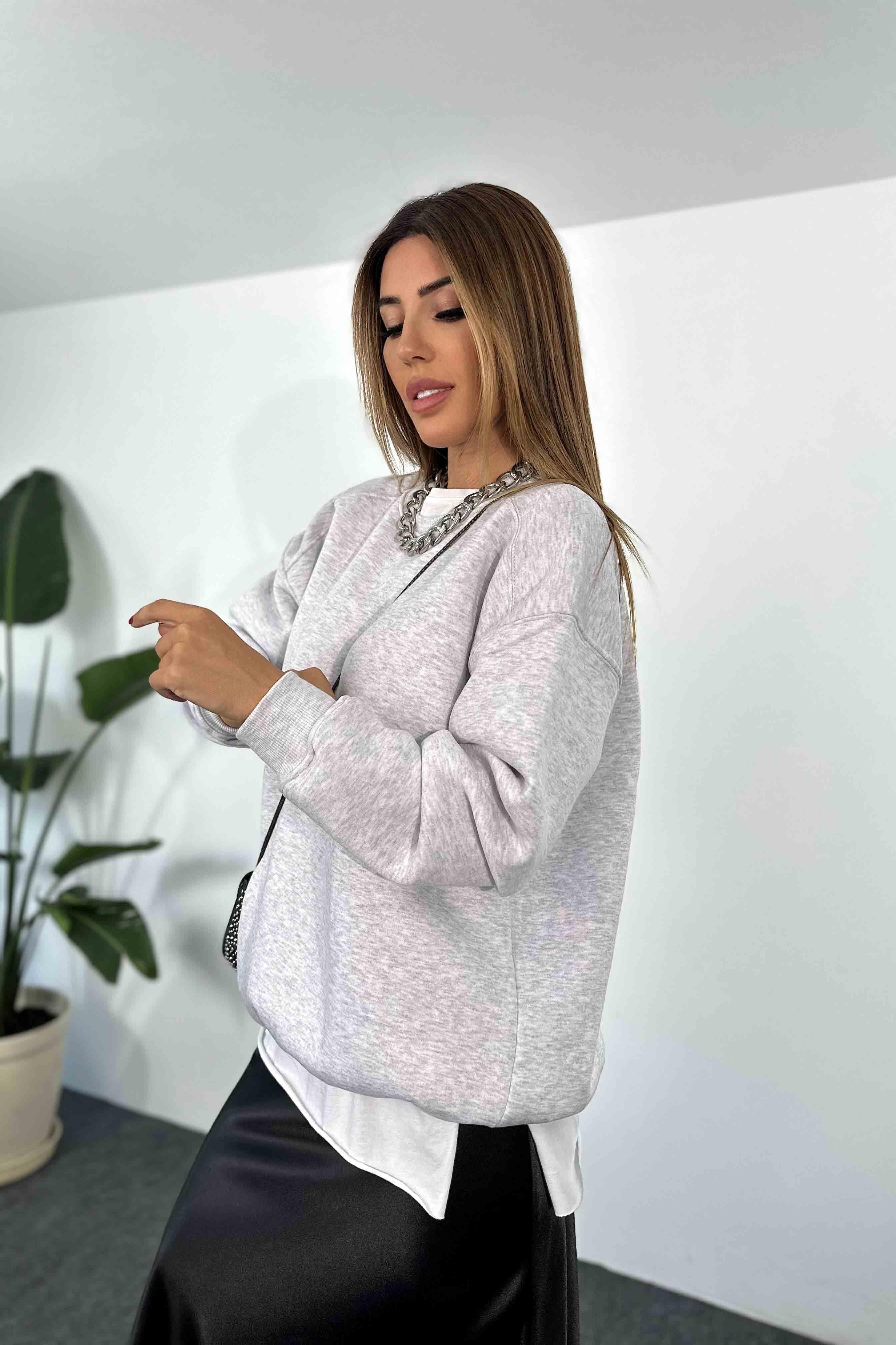 Pamuklu Kumaş İçi Şardonlu Oversize Sweatshirt Gri