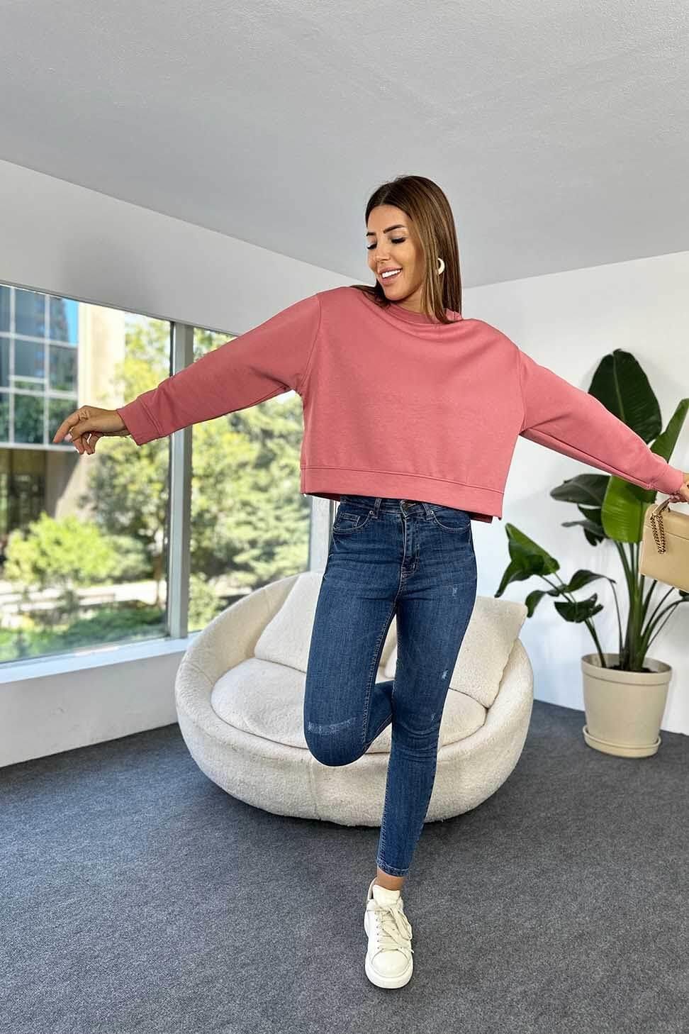 Pamuklu Kumaş Yırtmaç Detaylı Sweatshirt Pudra