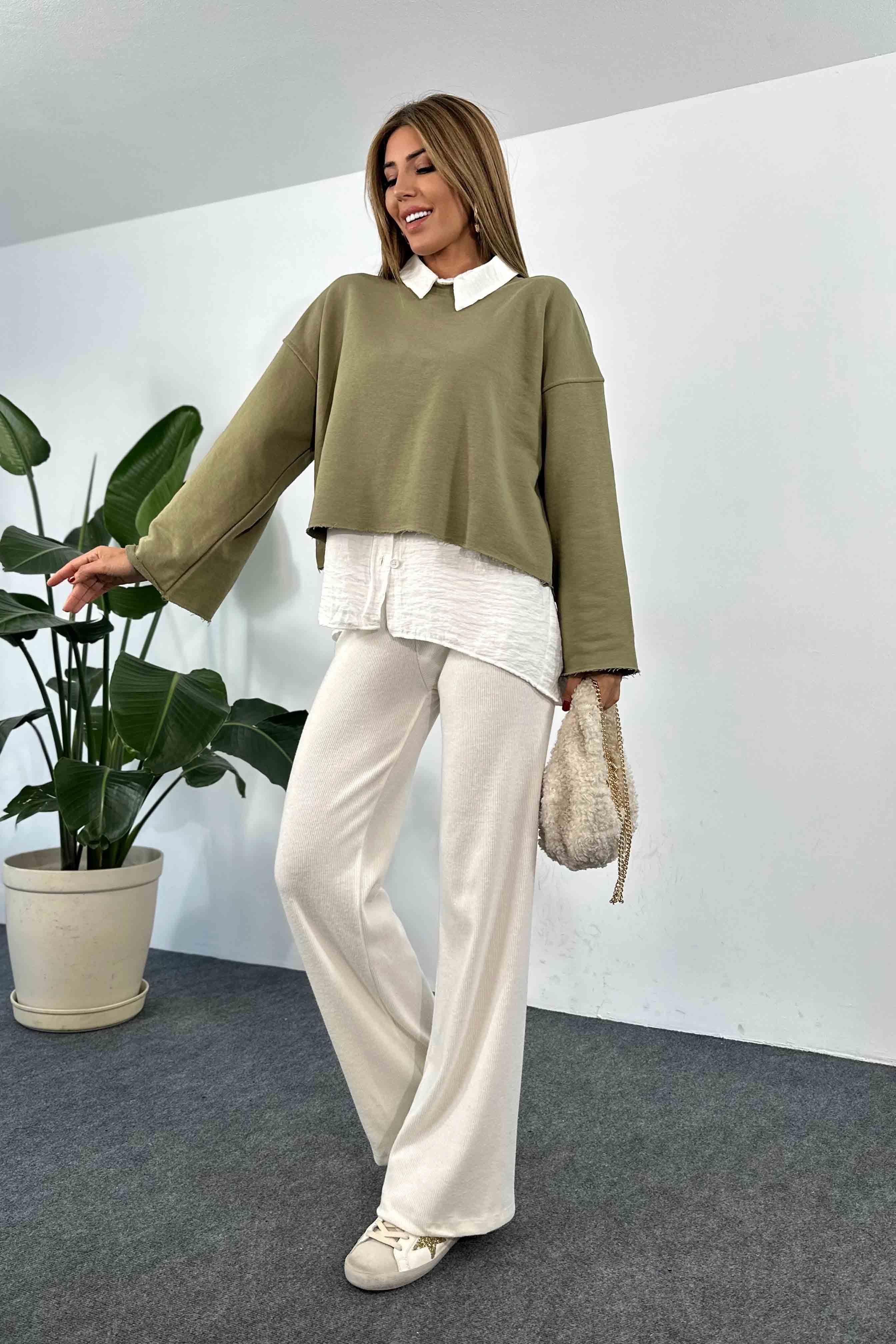 Pamuklu Lazer Kesim Crop Sweatshirt Haki