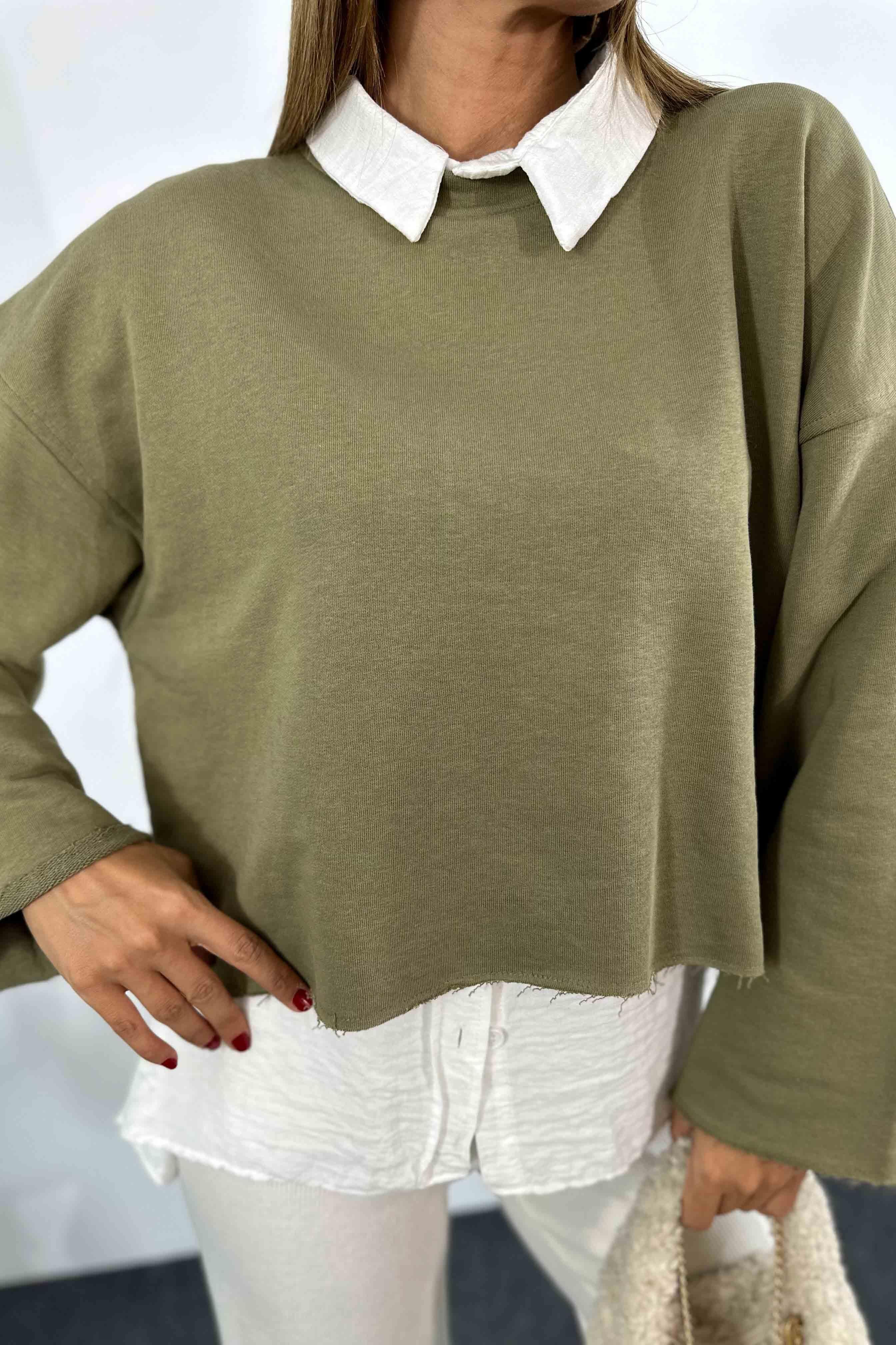 Pamuklu Lazer Kesim Crop Sweatshirt Haki