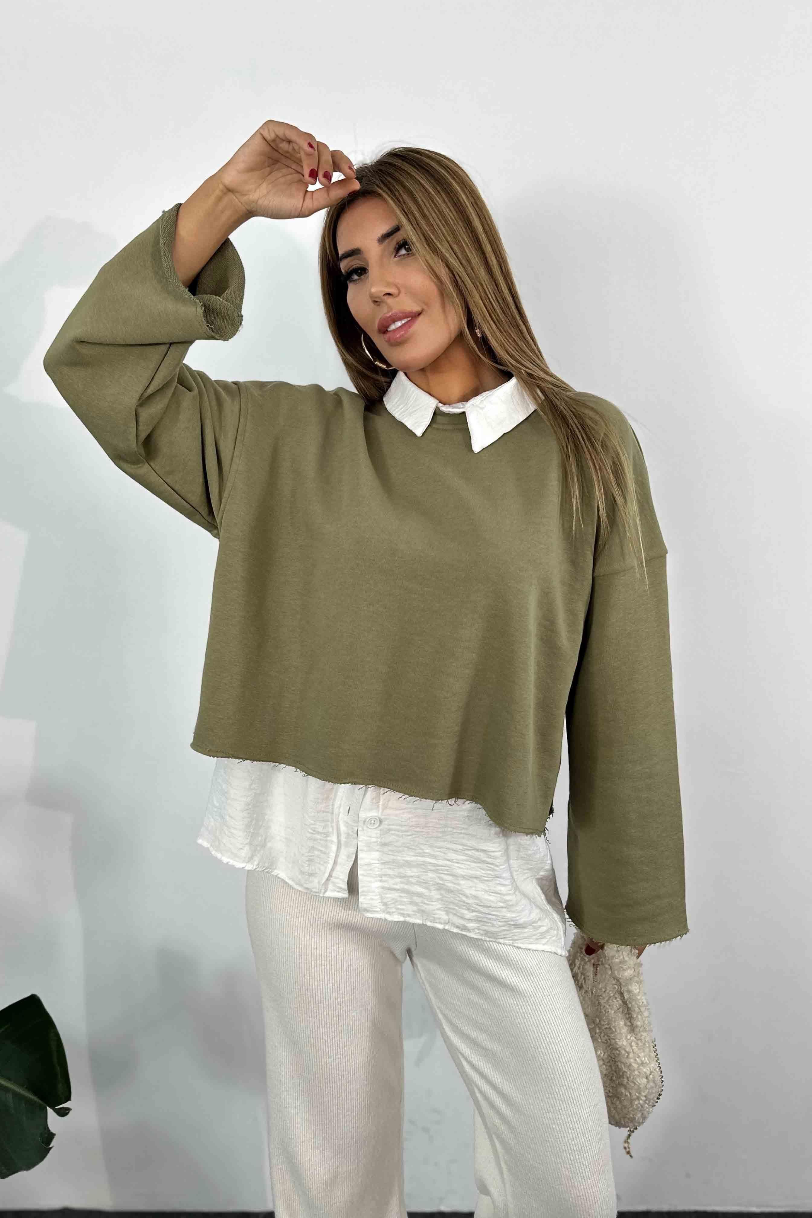 Pamuklu Lazer Kesim Crop Sweatshirt Haki