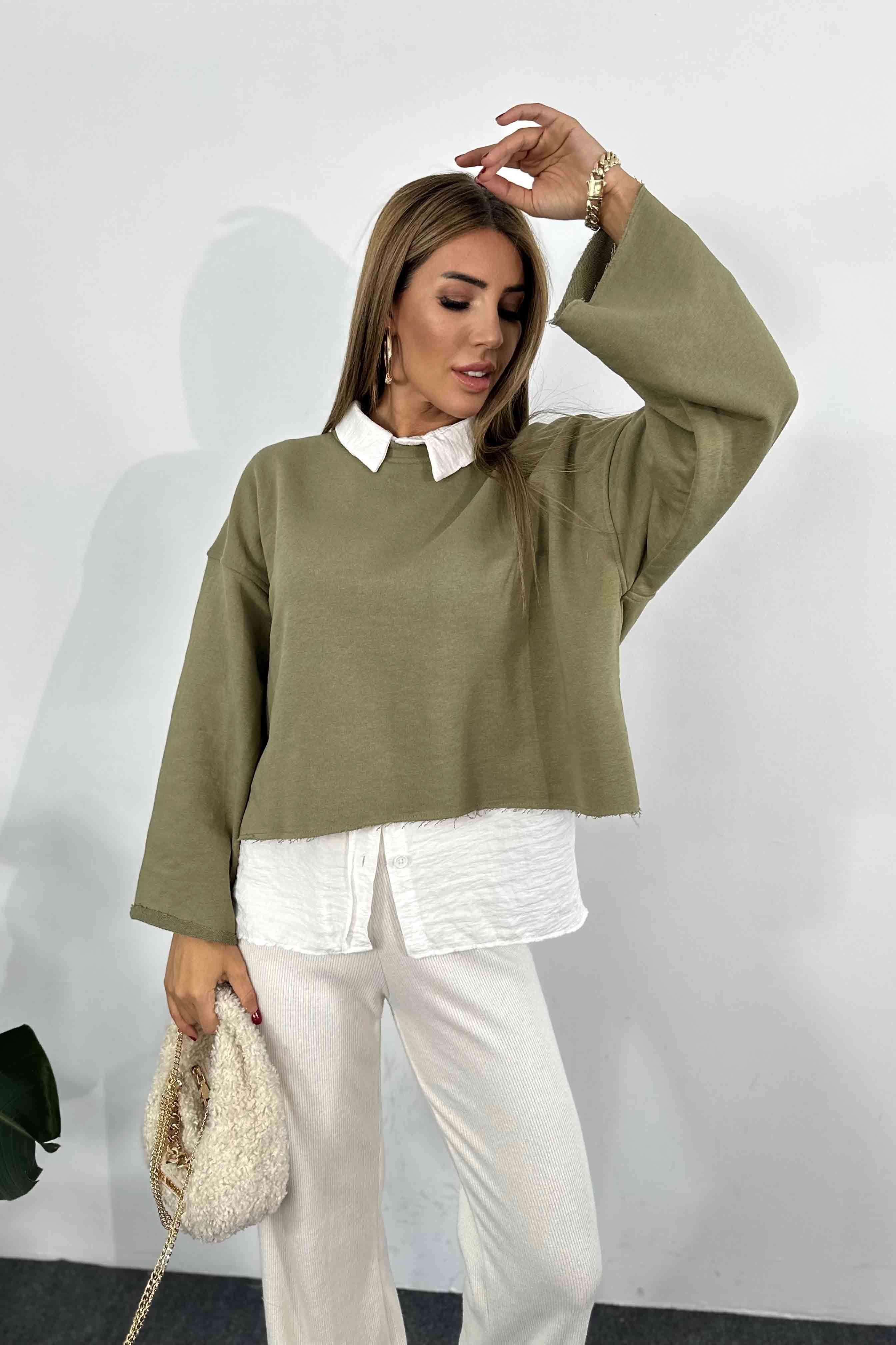 Pamuklu Lazer Kesim Crop Sweatshirt Haki