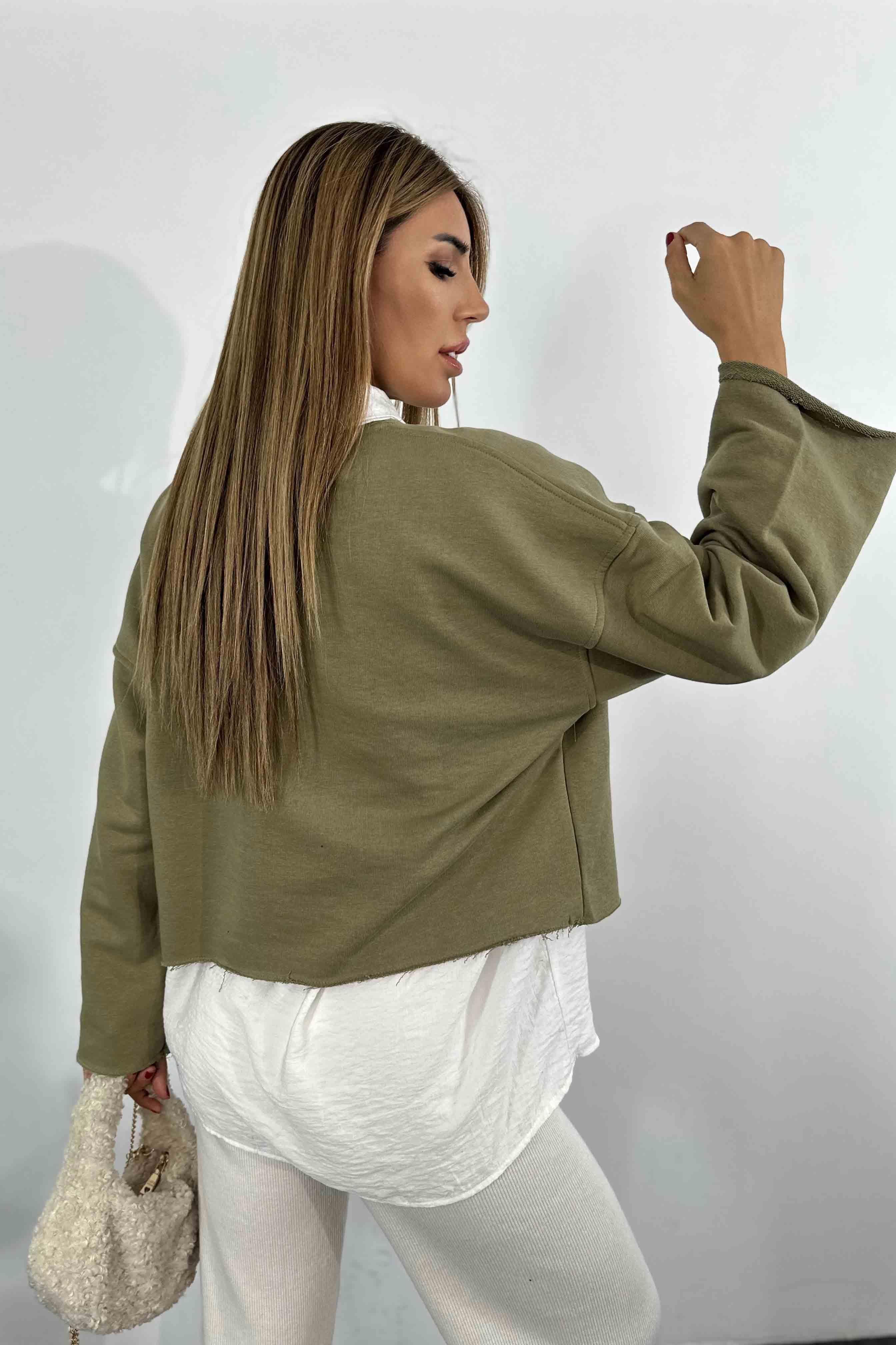 Pamuklu Lazer Kesim Crop Sweatshirt Haki
