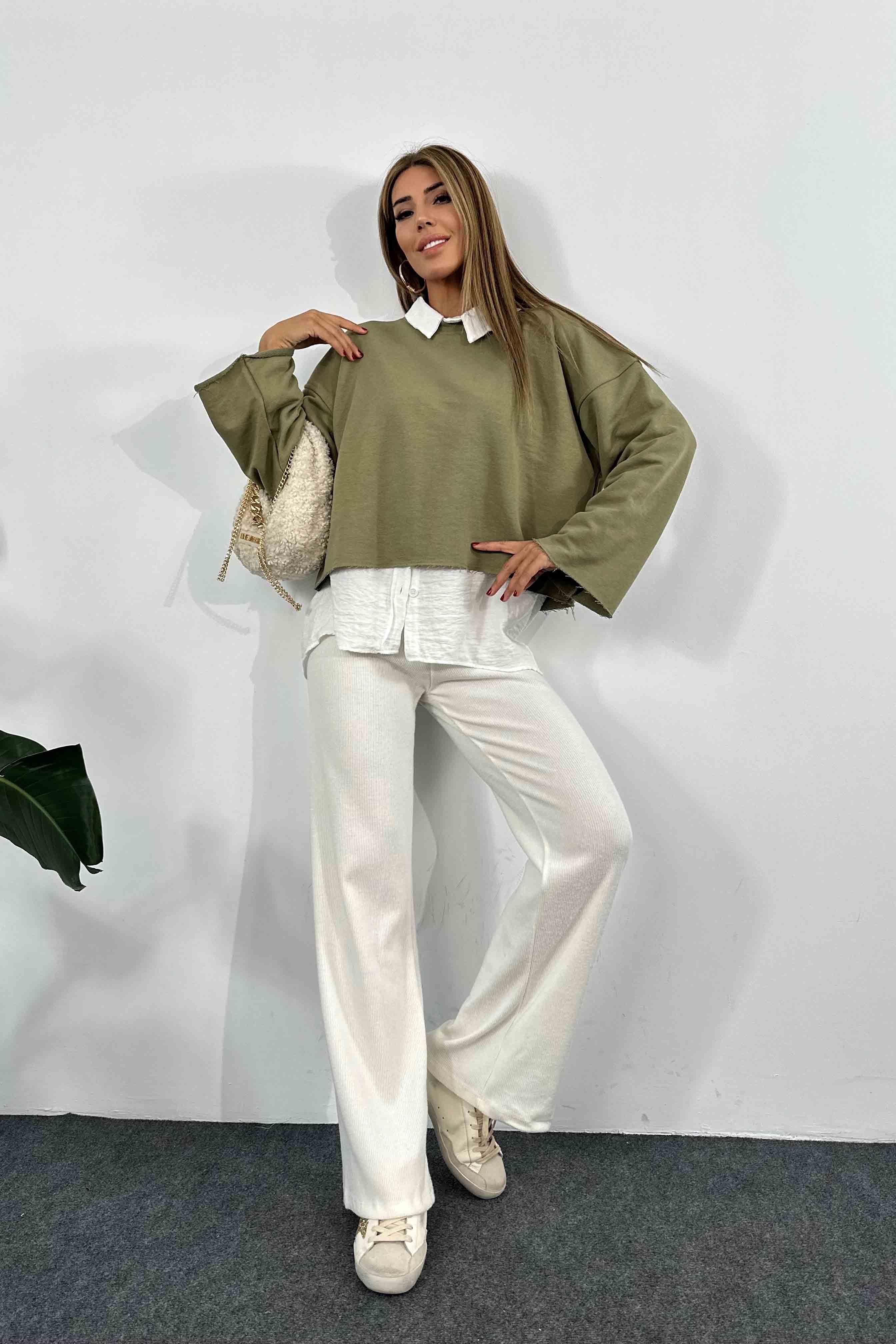 Pamuklu Lazer Kesim Crop Sweatshirt Haki