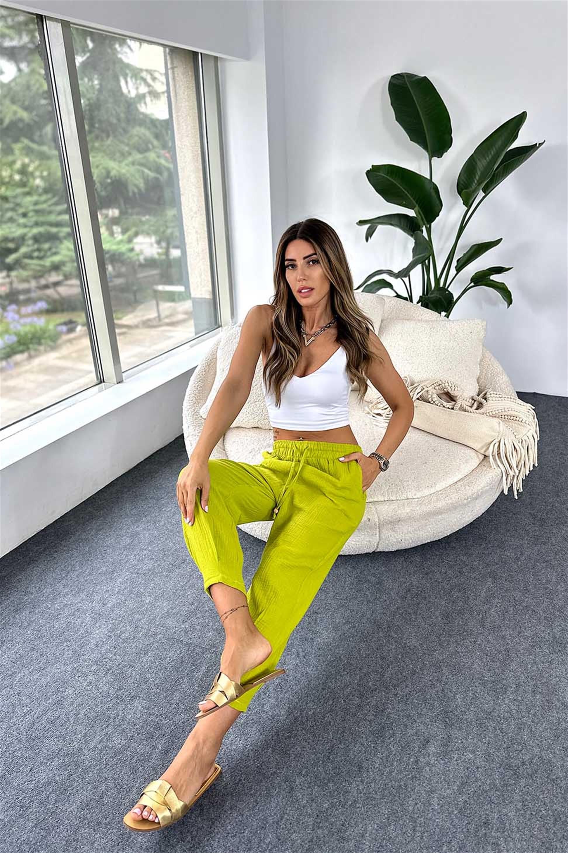 Pamuklu Müslin Kumaş Beli Lastikli Şalvar Pantolon Limon Küfü