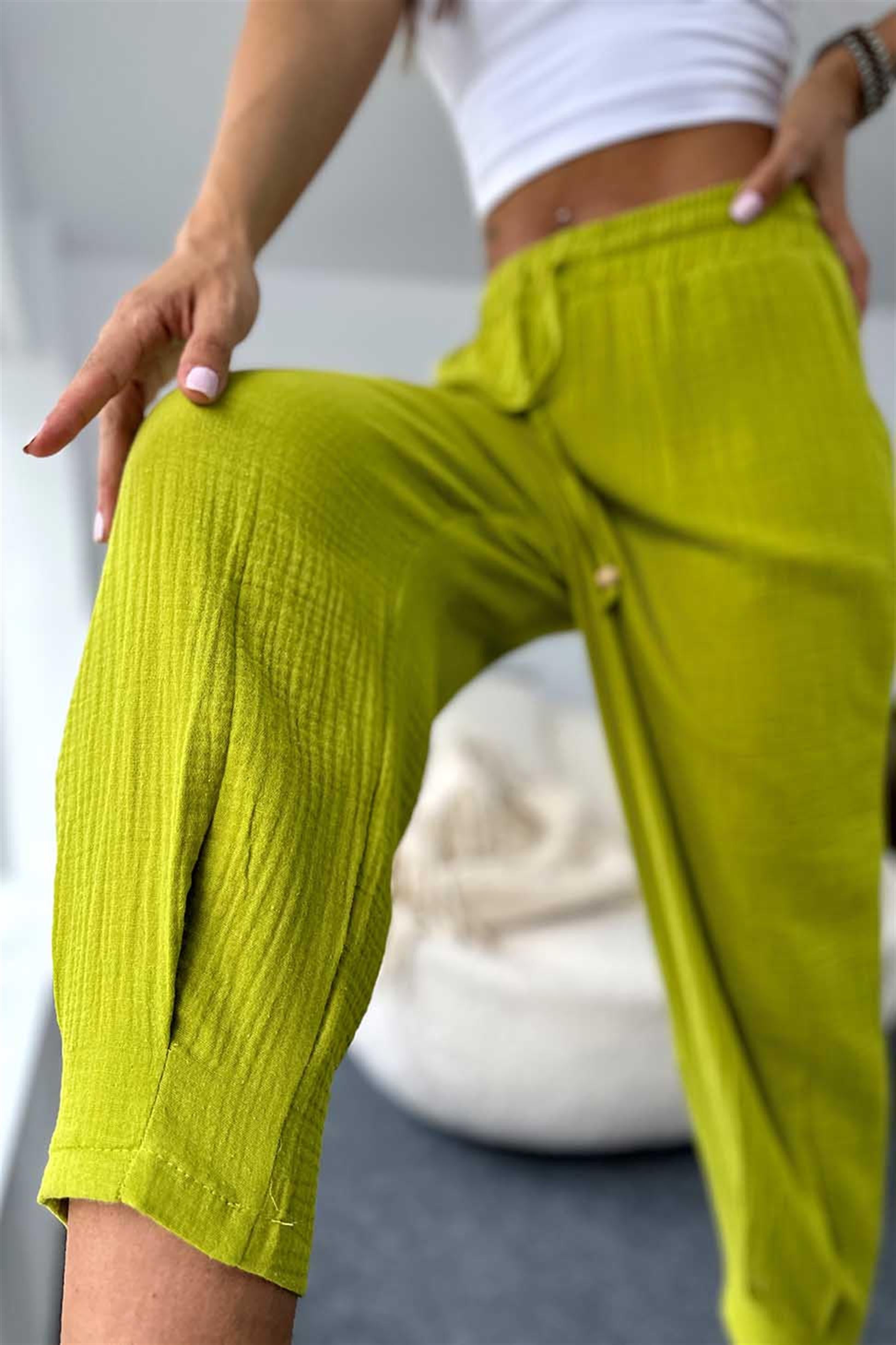 Pamuklu Müslin Kumaş Beli Lastikli Şalvar Pantolon Limon Küfü