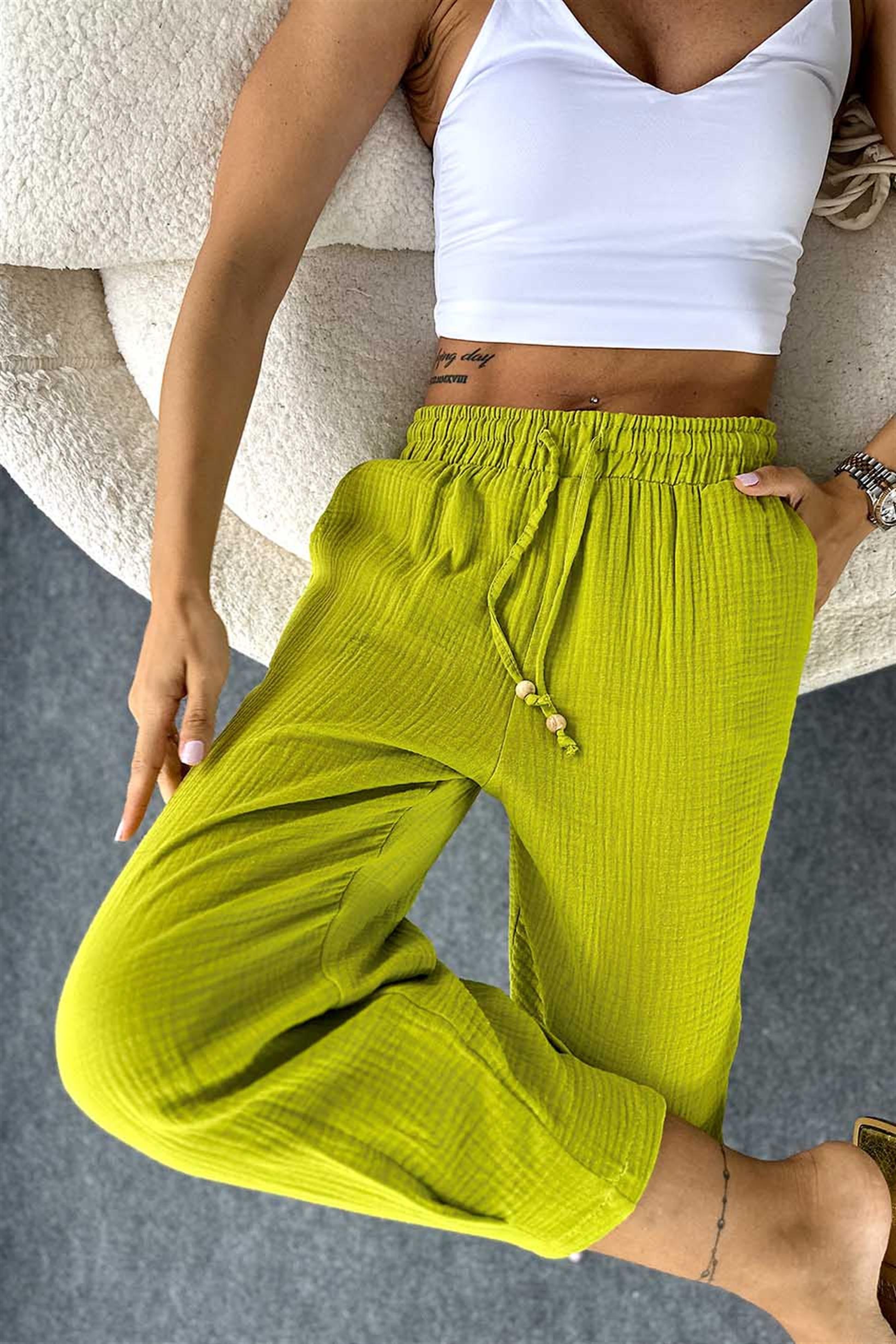 Pamuklu Müslin Kumaş Beli Lastikli Şalvar Pantolon Limon Küfü