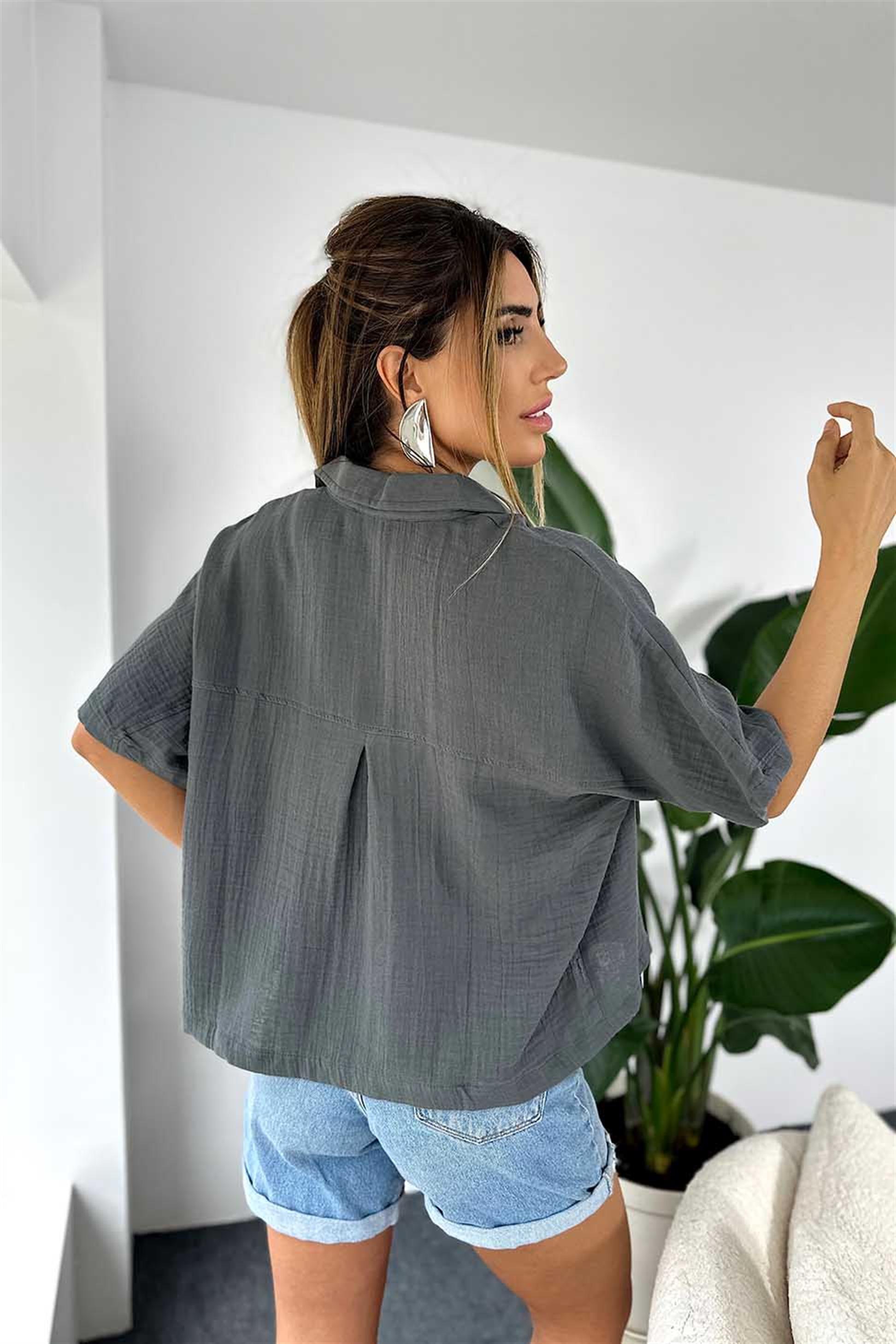 Pamuklu Müslin Kumaş Oversize Yazlık Kadın Gömlek Antrasit