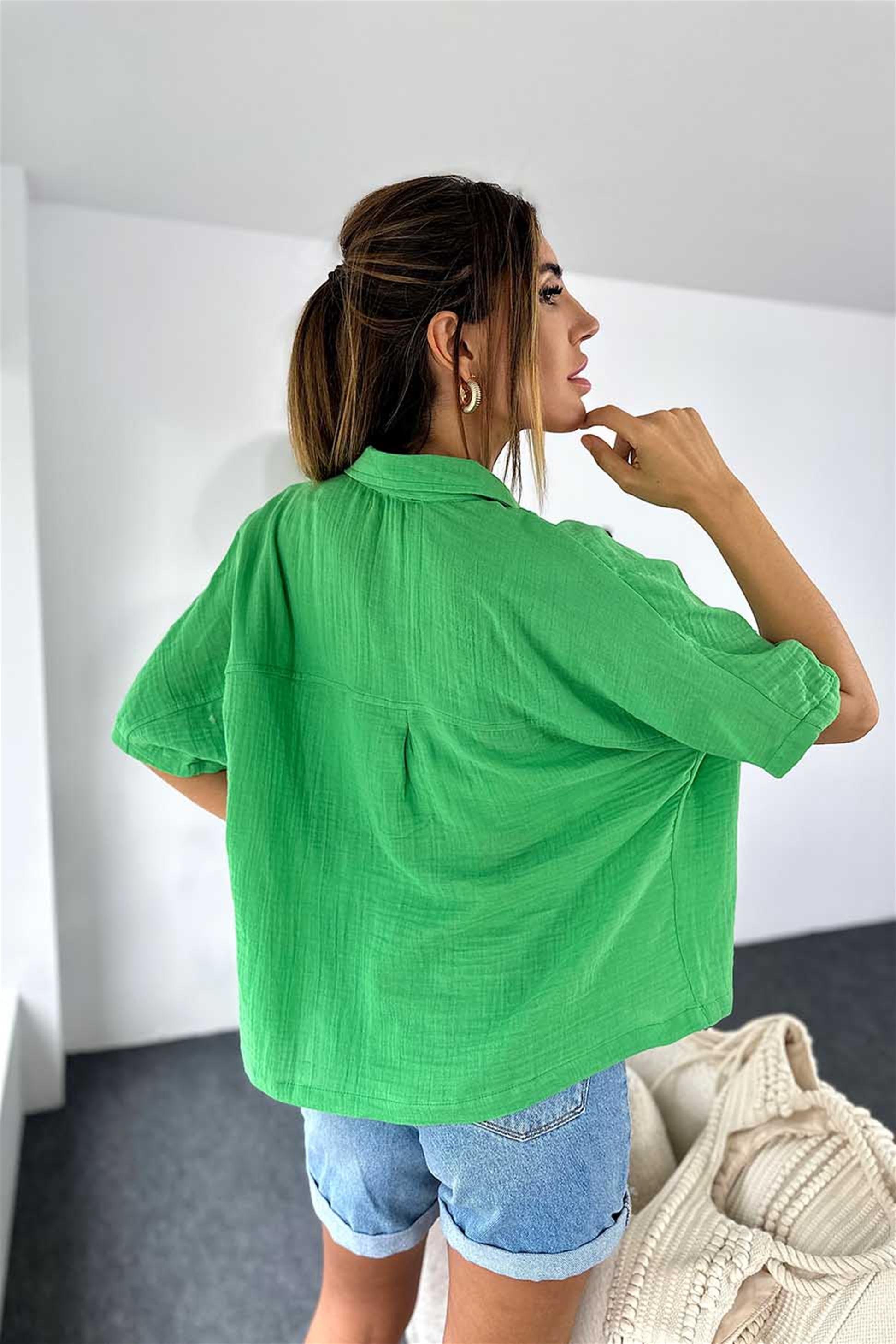 Pamuklu Müslin Kumaş Oversize Yazlık Kadın Gömlek Yeşil