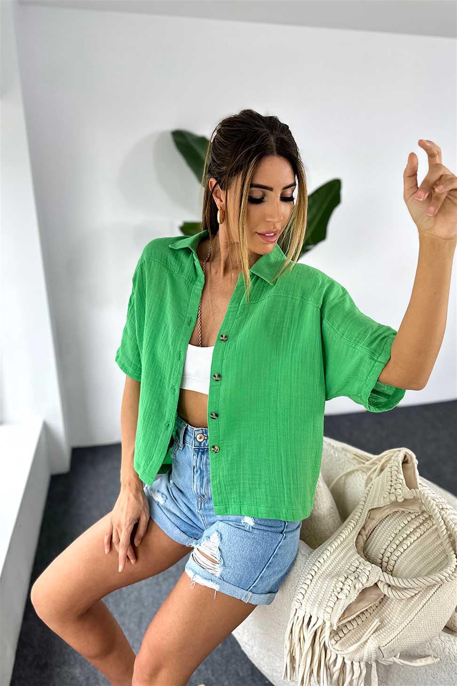 Pamuklu Müslin Kumaş Oversize Yazlık Kadın Gömlek Yeşil