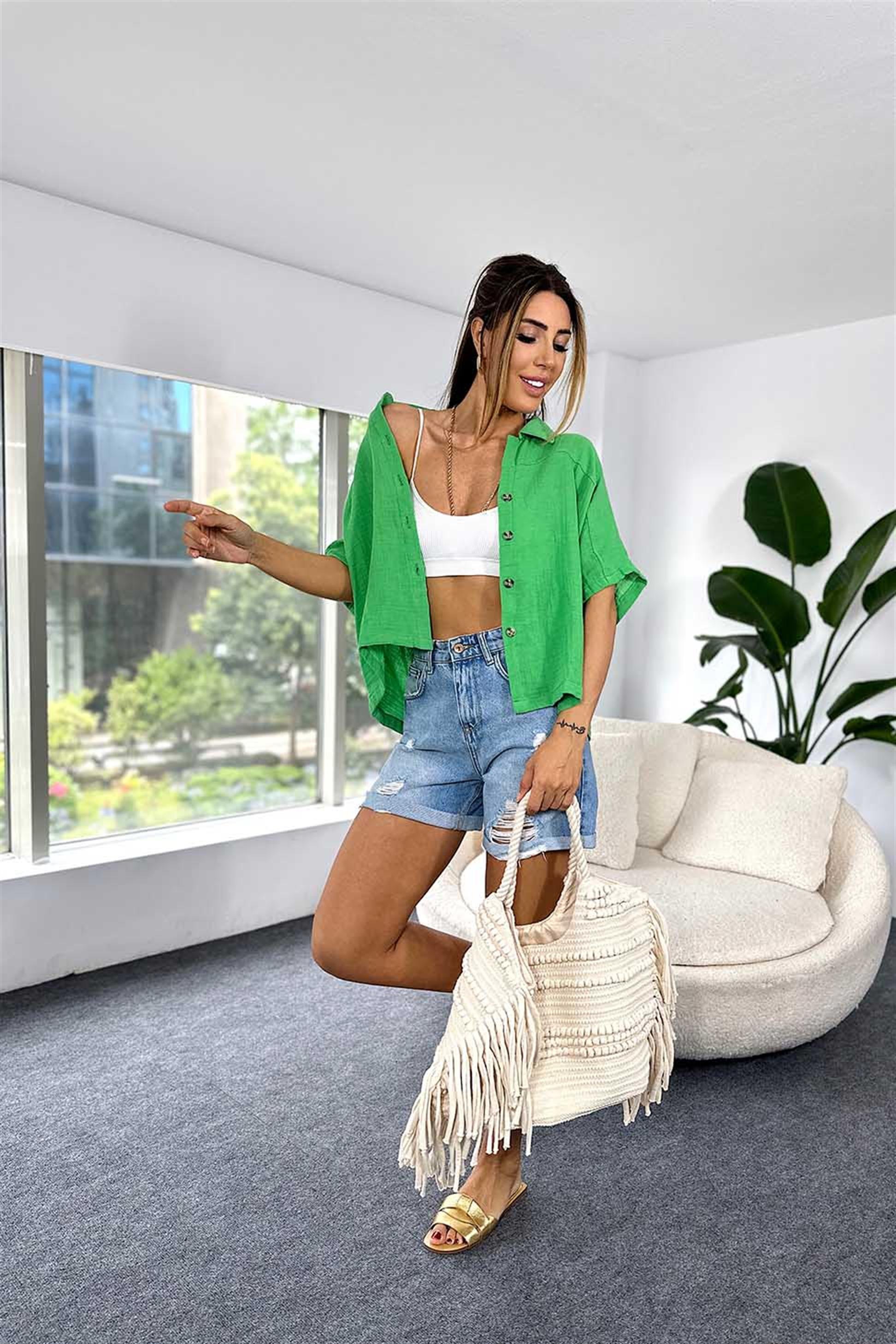 Pamuklu Müslin Kumaş Oversize Yazlık Kadın Gömlek Yeşil
