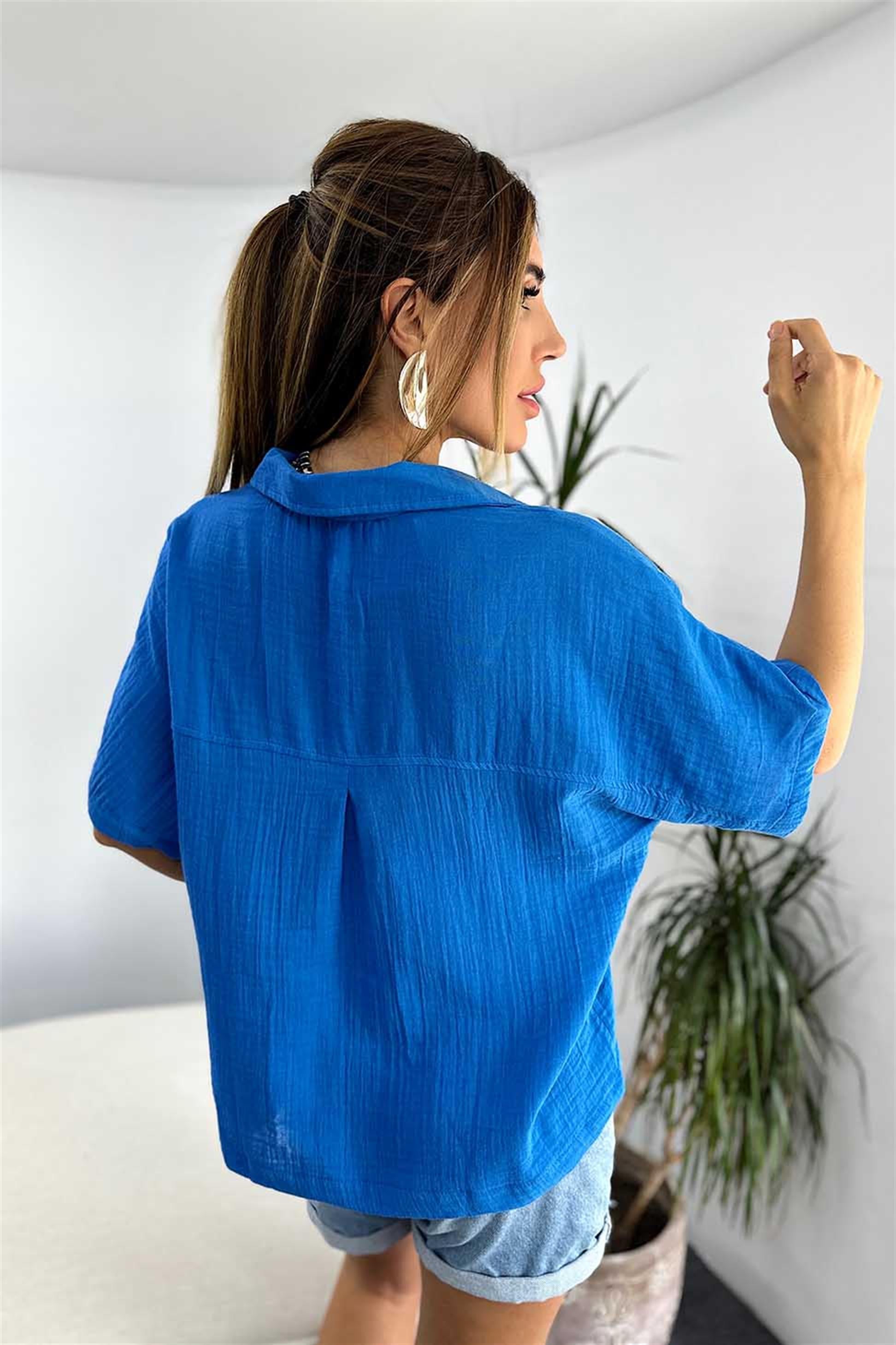Pamuklu Müslin Kumaş Oversize Yazlık Kadın Gömlek Mavi