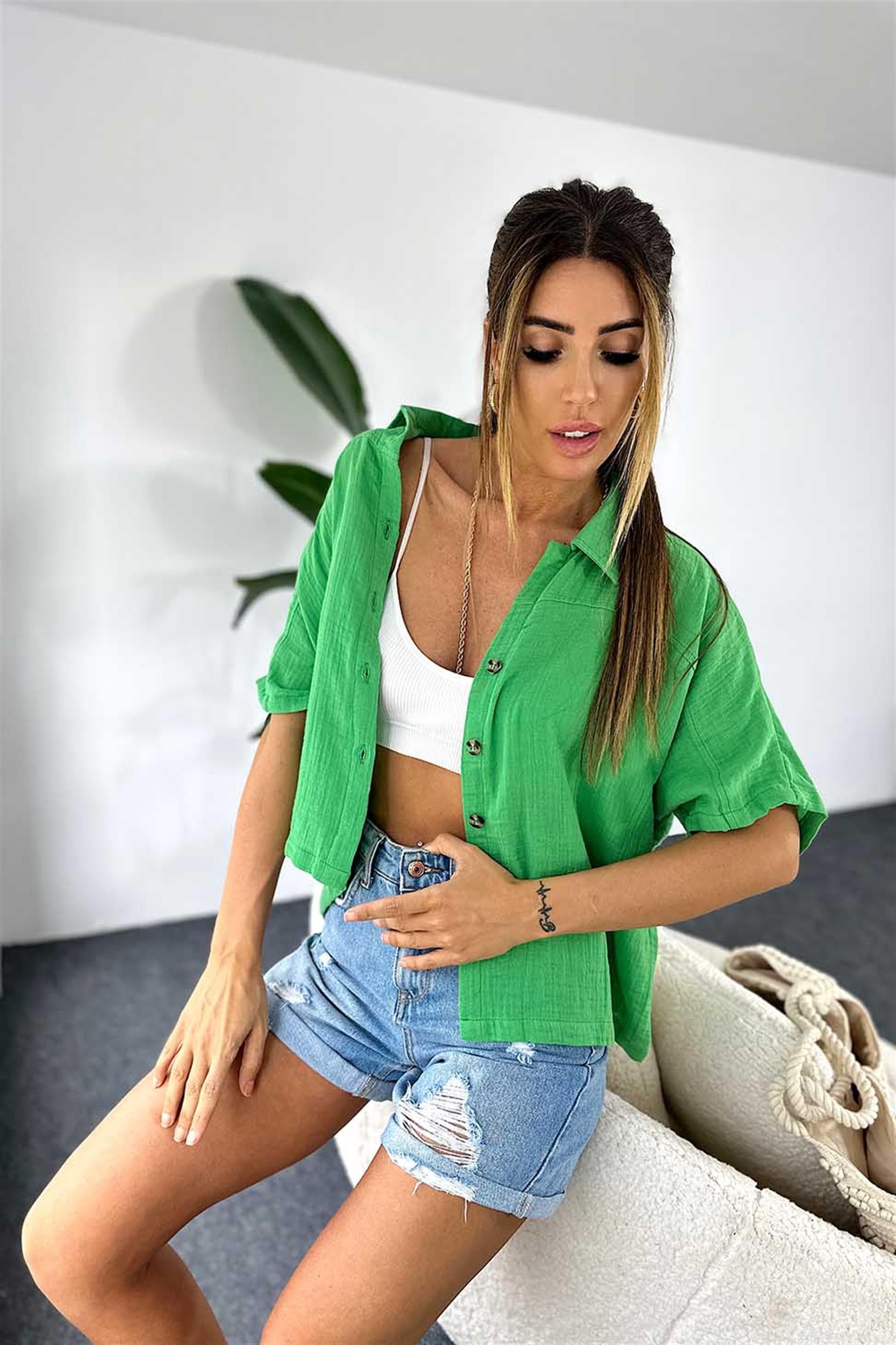 Pamuklu Müslin Kumaş Oversize Yazlık Kadın Gömlek Yeşil