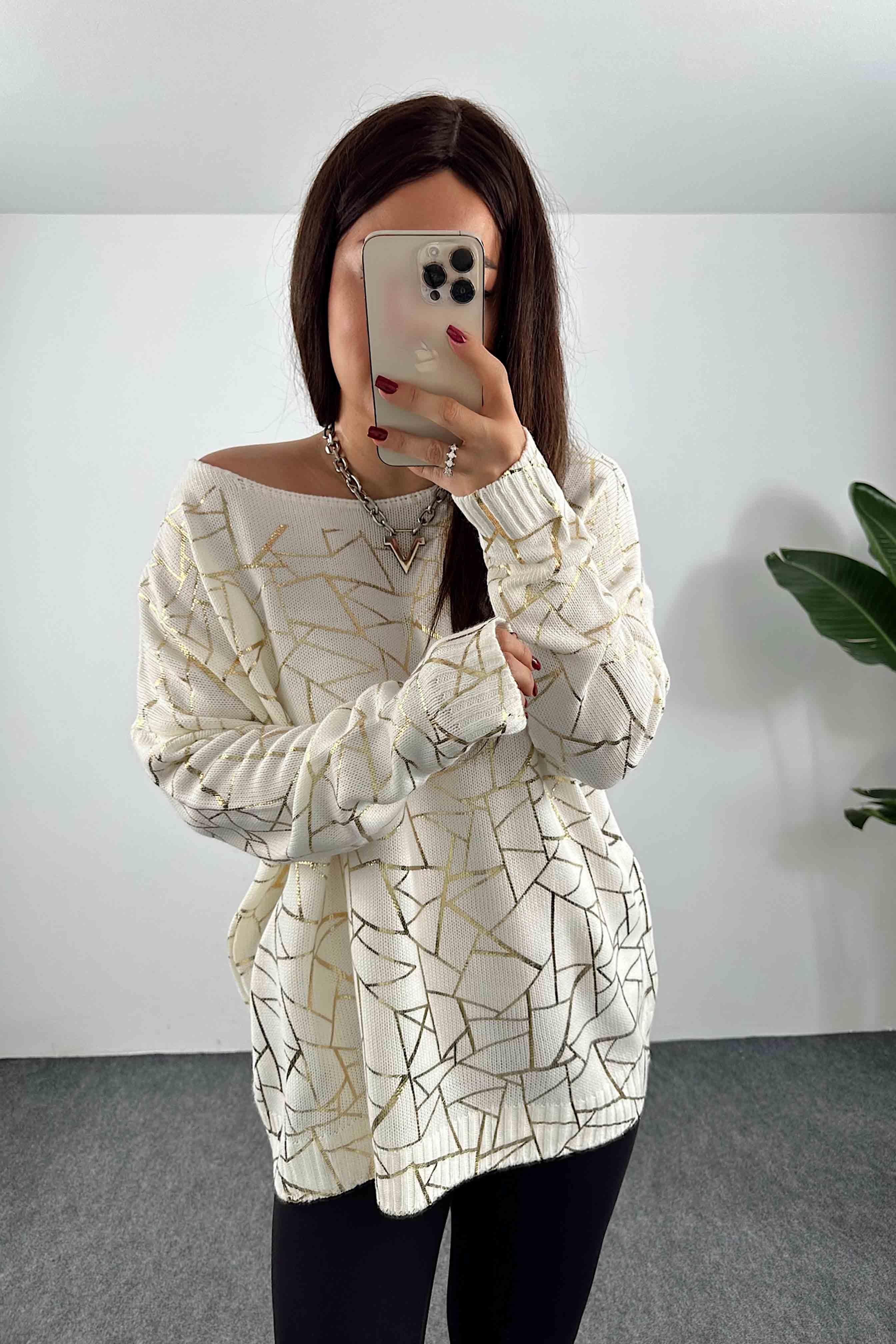 Pamuklu Örme Geometrik Yaldızlı Oversize Kazak Beyaz