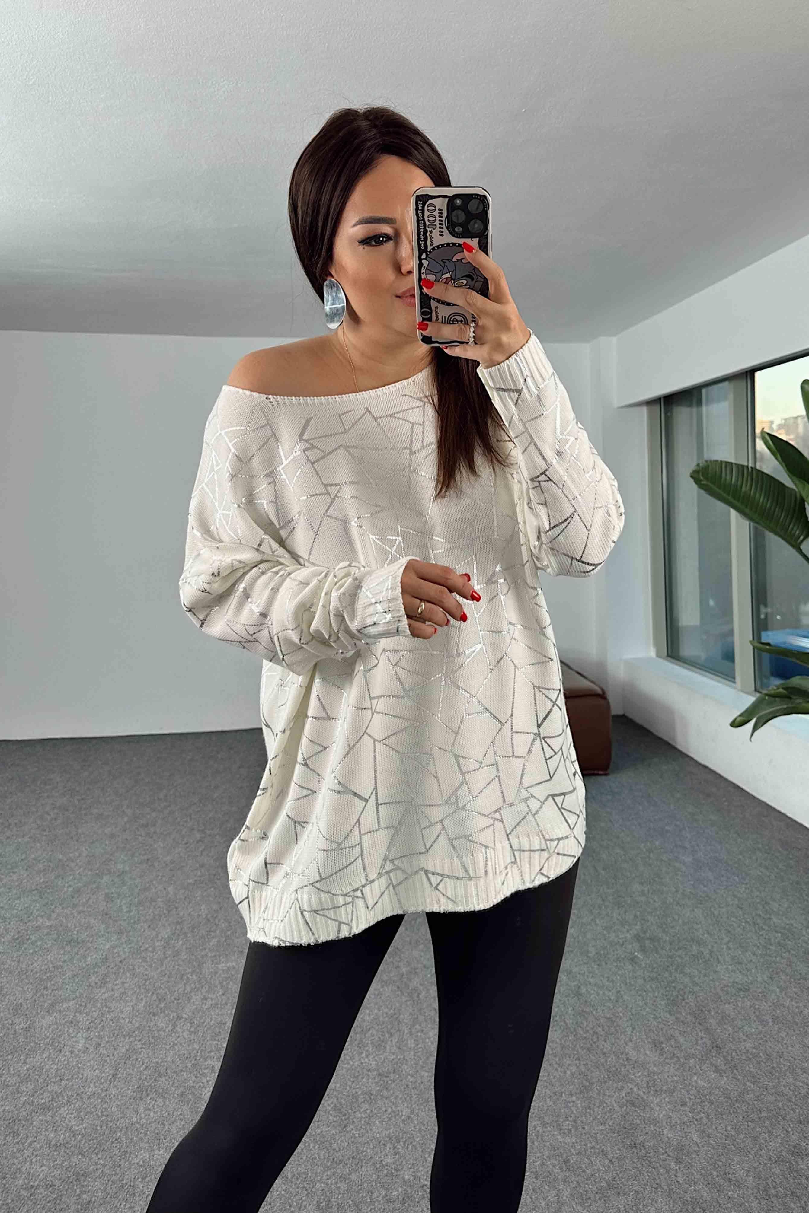 Pamuklu Örme Geometrik Yaldızlı Oversize Kazak Ekru