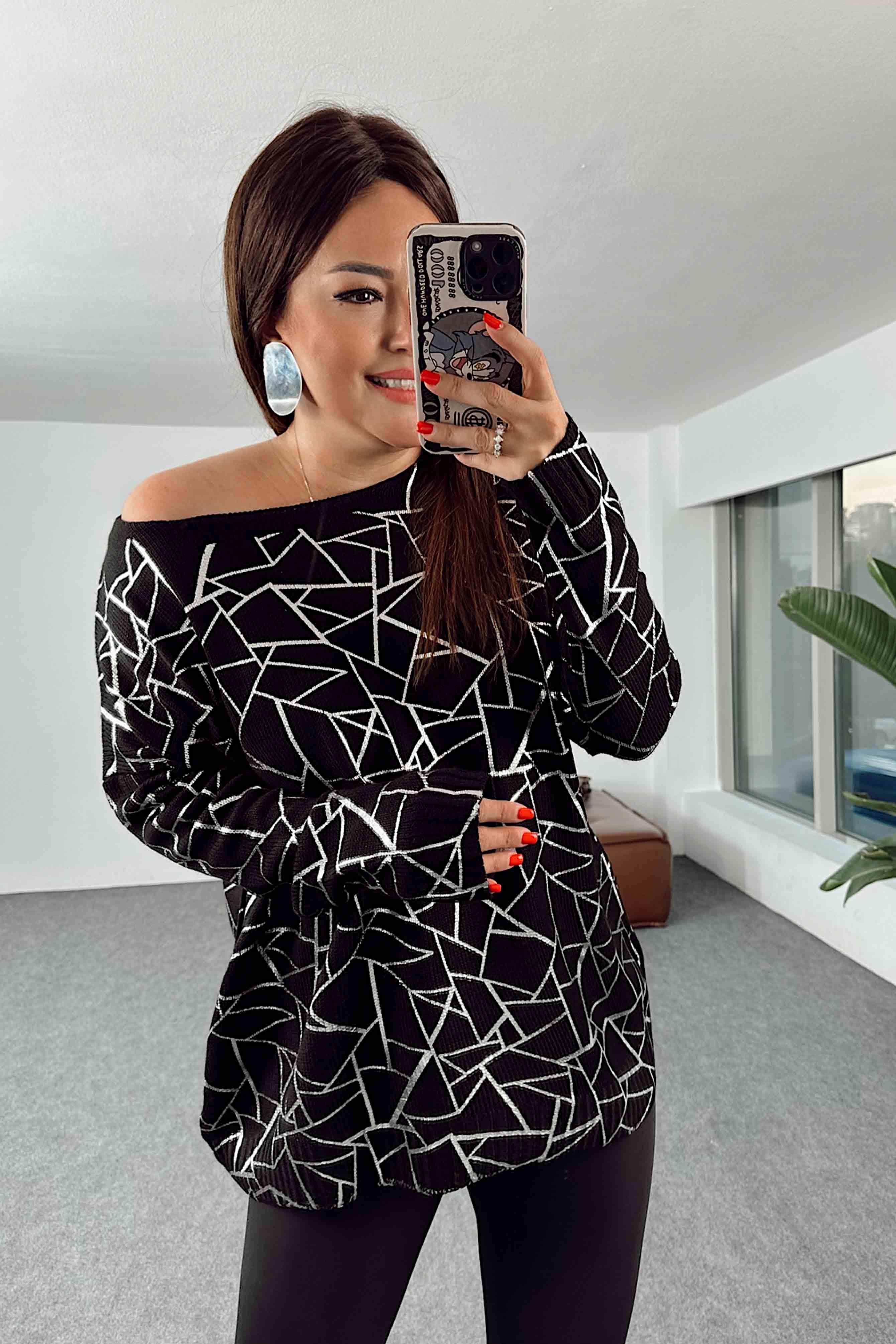 Pamuklu Örme Geometrik Yaldızlı Oversize Kazak Silver