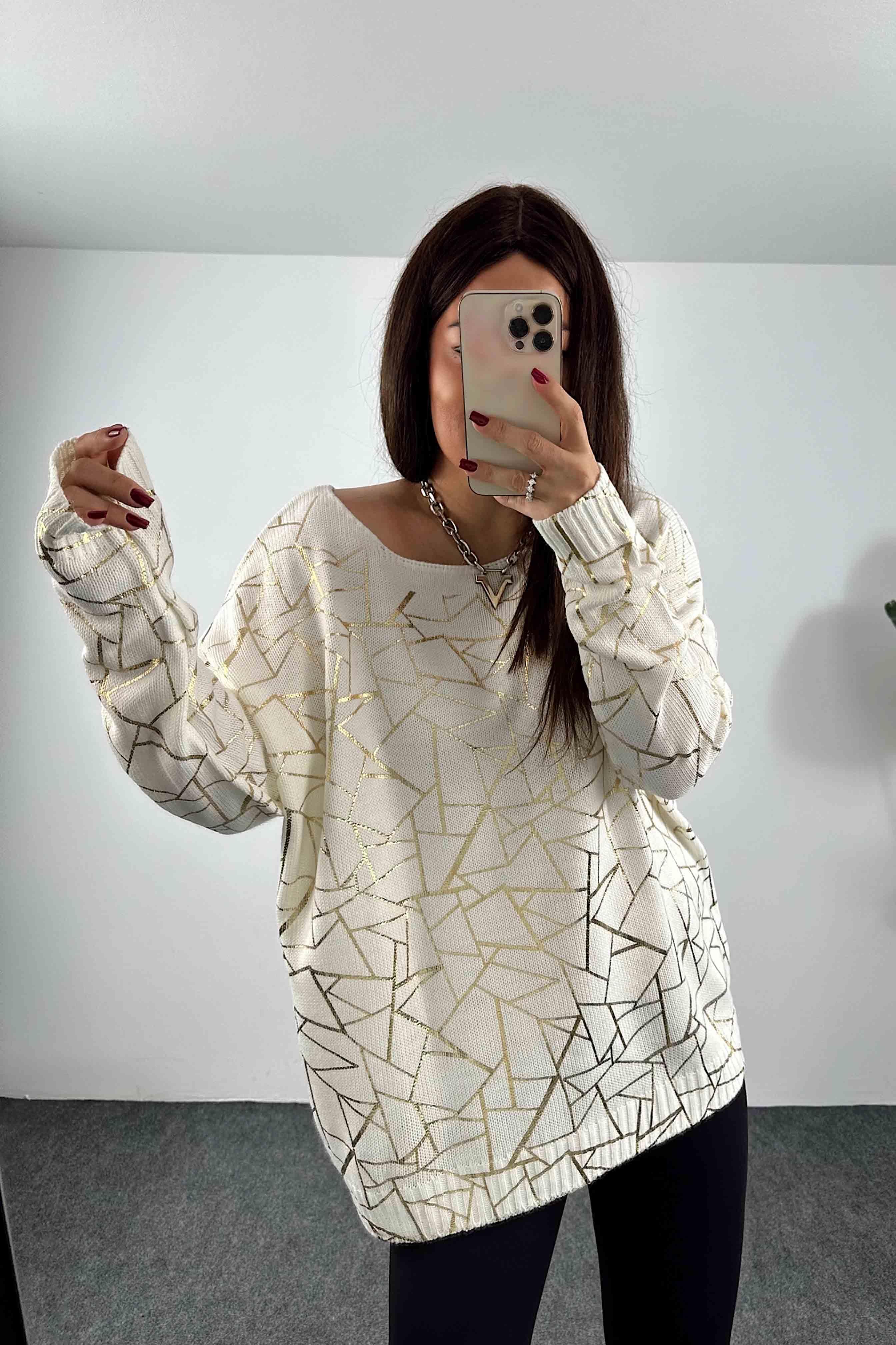 Pamuklu Örme Geometrik Yaldızlı Oversize Kazak Beyaz