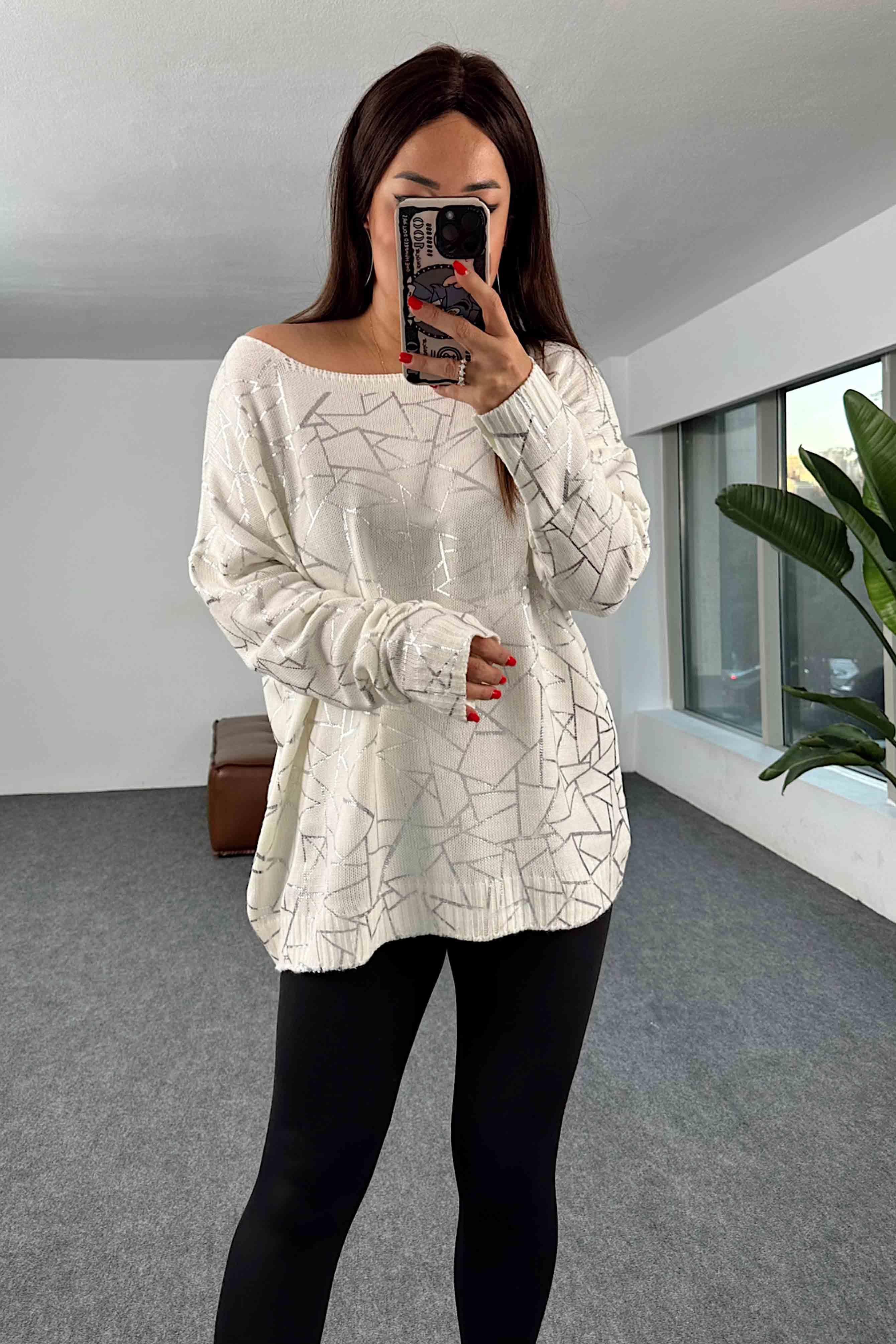 Pamuklu Örme Geometrik Yaldızlı Oversize Kazak Ekru