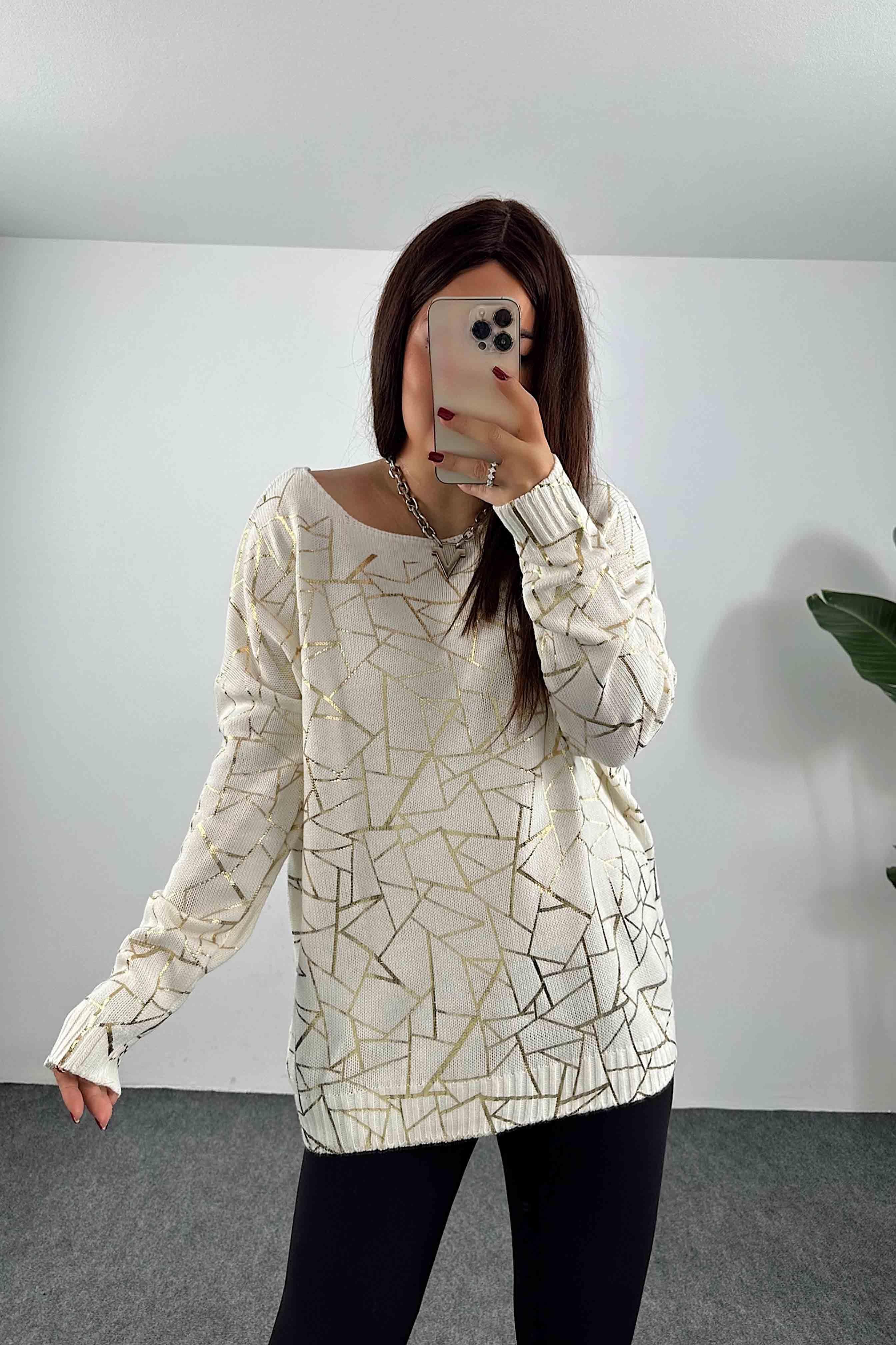 Pamuklu Örme Geometrik Yaldızlı Oversize Kazak Beyaz