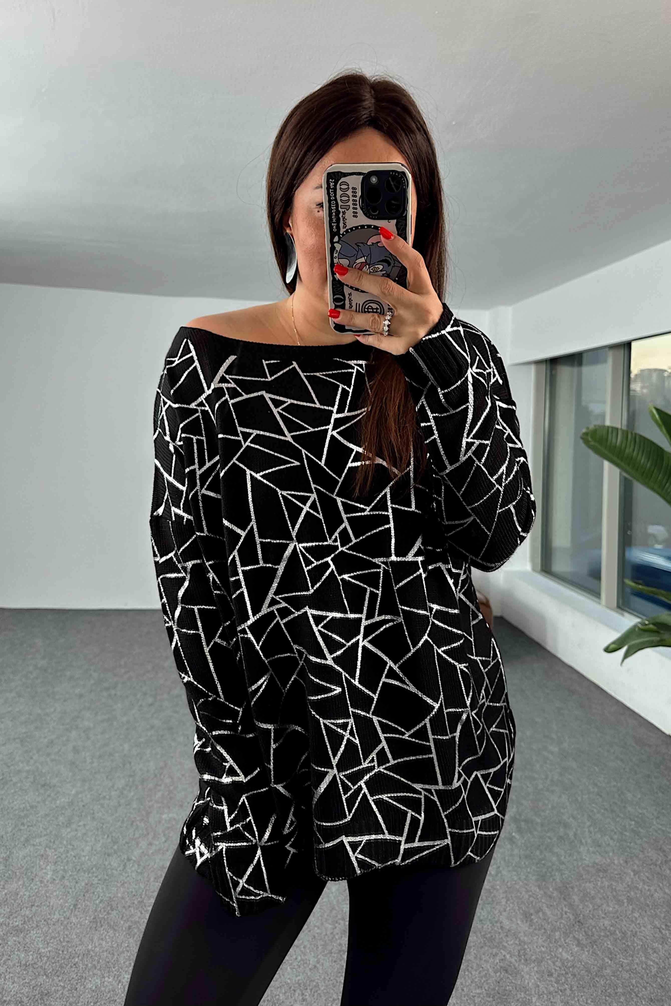 Pamuklu Örme Geometrik Yaldızlı Oversize Kazak Silver