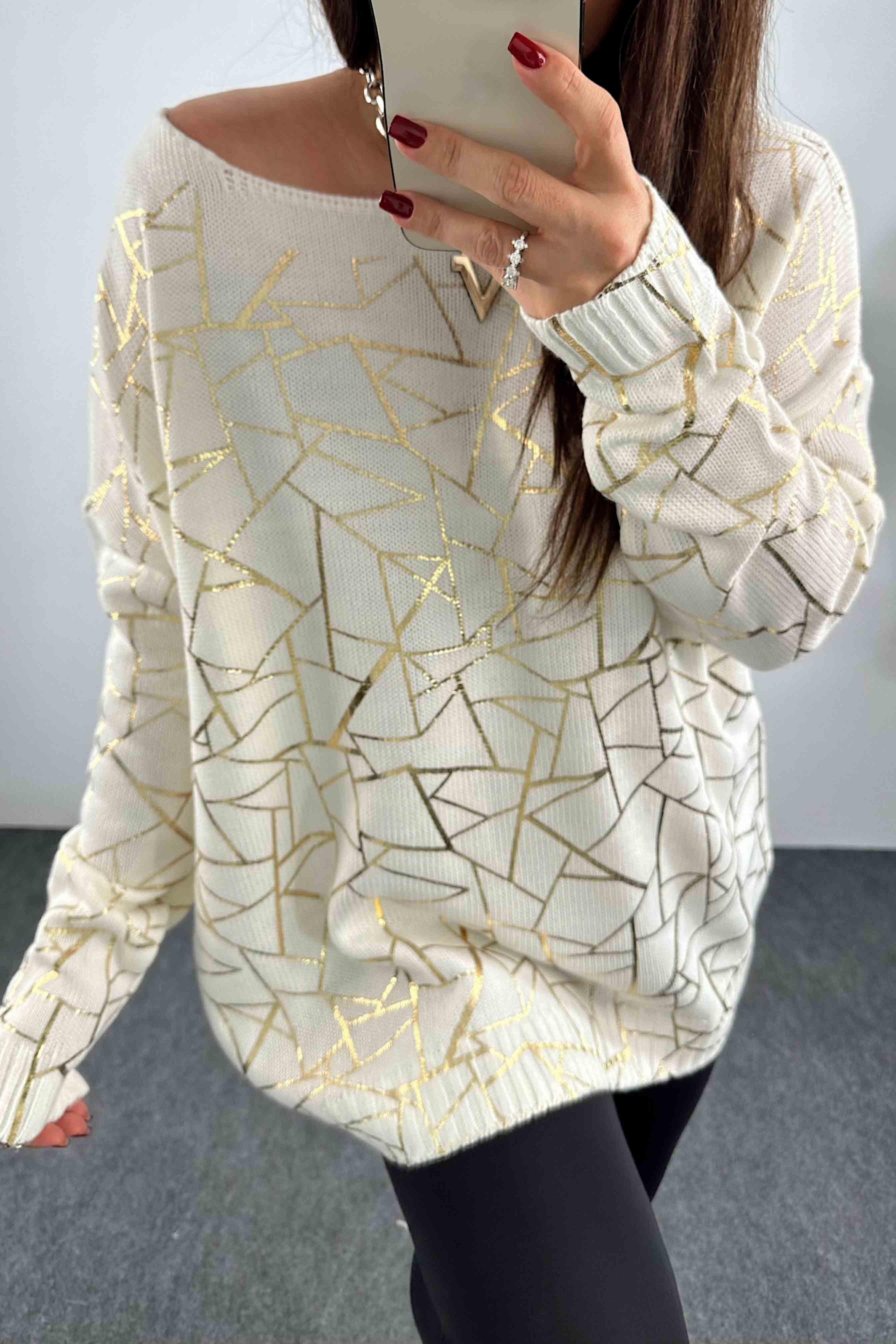 Pamuklu Örme Geometrik Yaldızlı Oversize Kazak Beyaz
