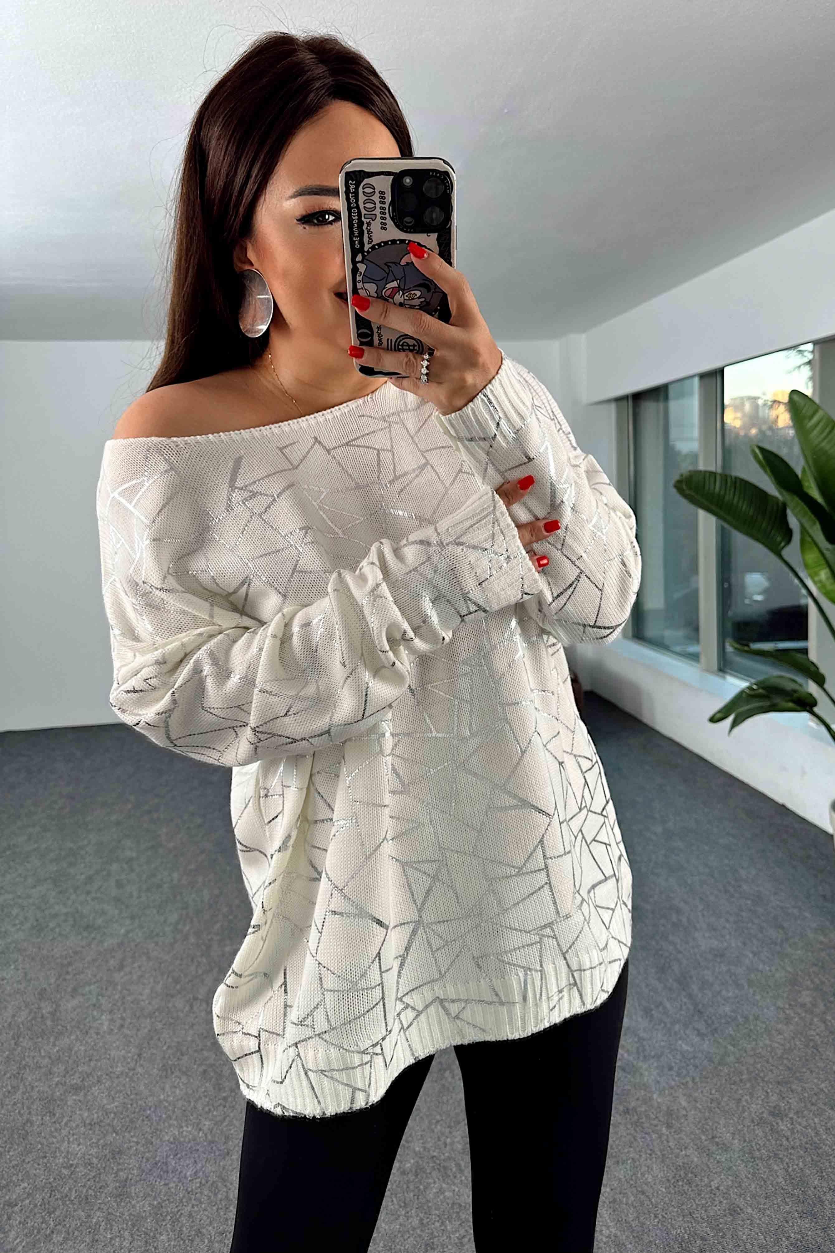 Pamuklu Örme Geometrik Yaldızlı Oversize Kazak Ekru