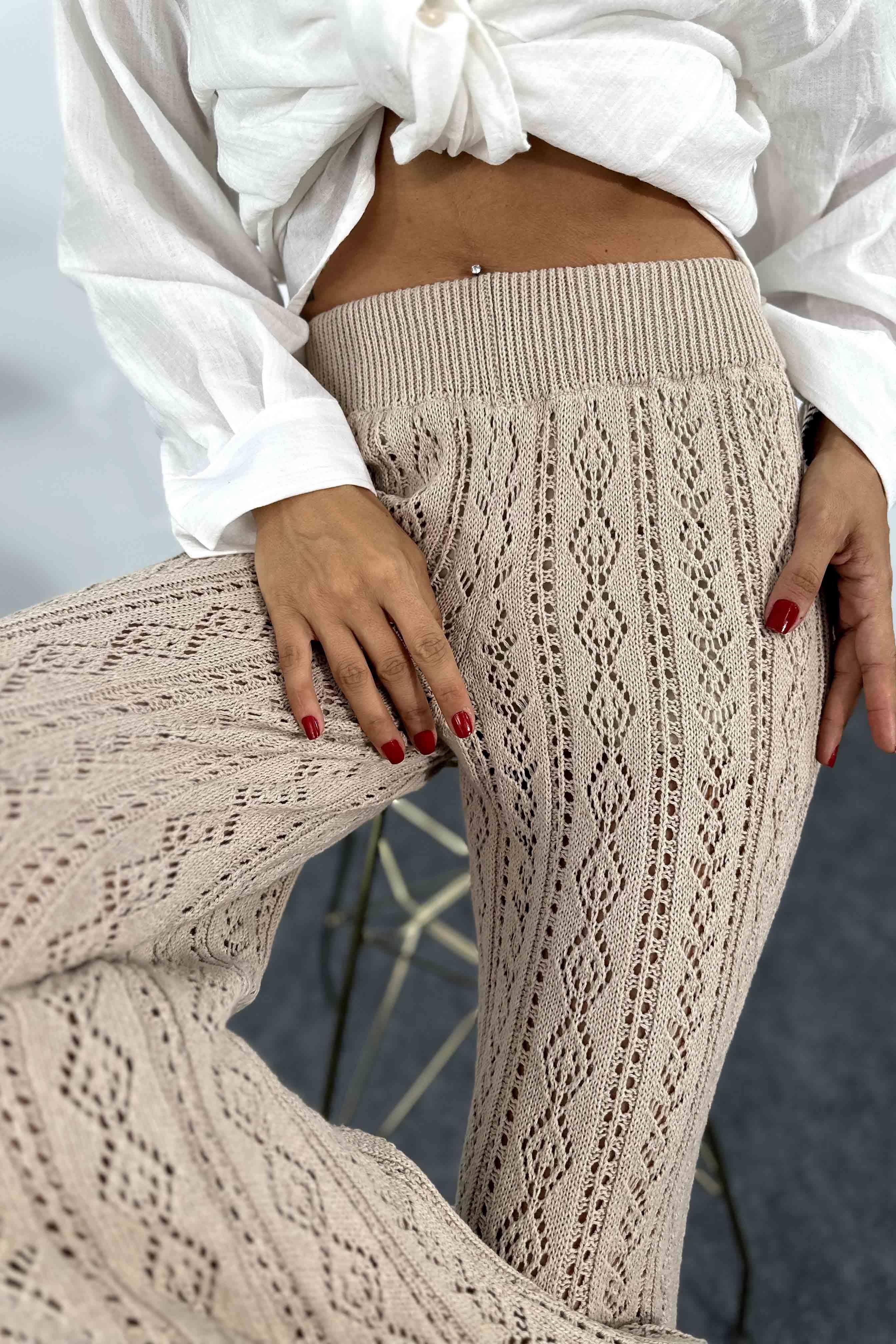 Pamuklu Örme Mini Astarlı Salaş Triko Pantolon Vizon